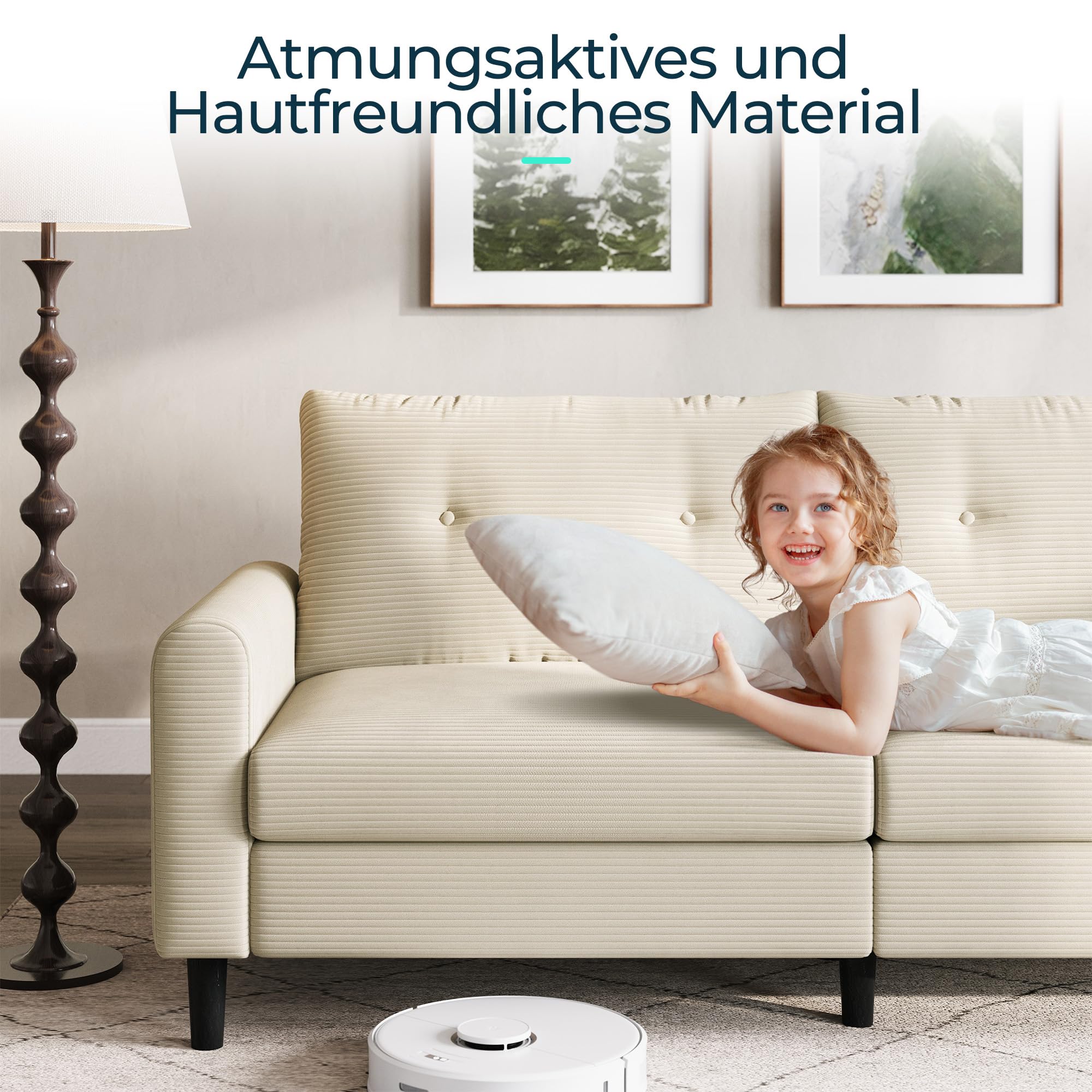 LINSY HOME Sofa 3 Sitzer, 201cm Breit Sofas mit Verstellbarer Sitztiefe, Kleine Sofacouch für Wohnzimmer Schlafzimmer Wohnung Büro, Cremefarben