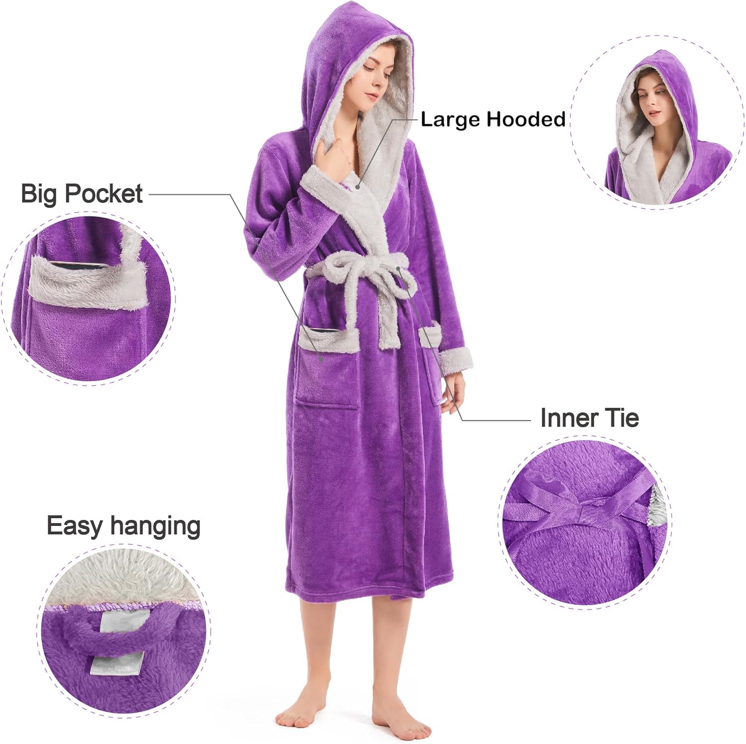 Inner Wish Women Hooded Plush Robe, Fleece Cozy Warm Bathrobe - Image 5