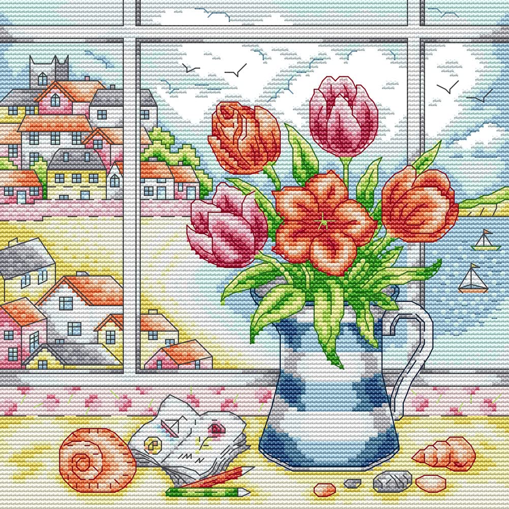 Awesocrafts Cross Stitch Stamped Kits Vase on Windowsill Easy Patterns Cross Stitching Embroidery Needlework Kit Supplies (Vase 1)