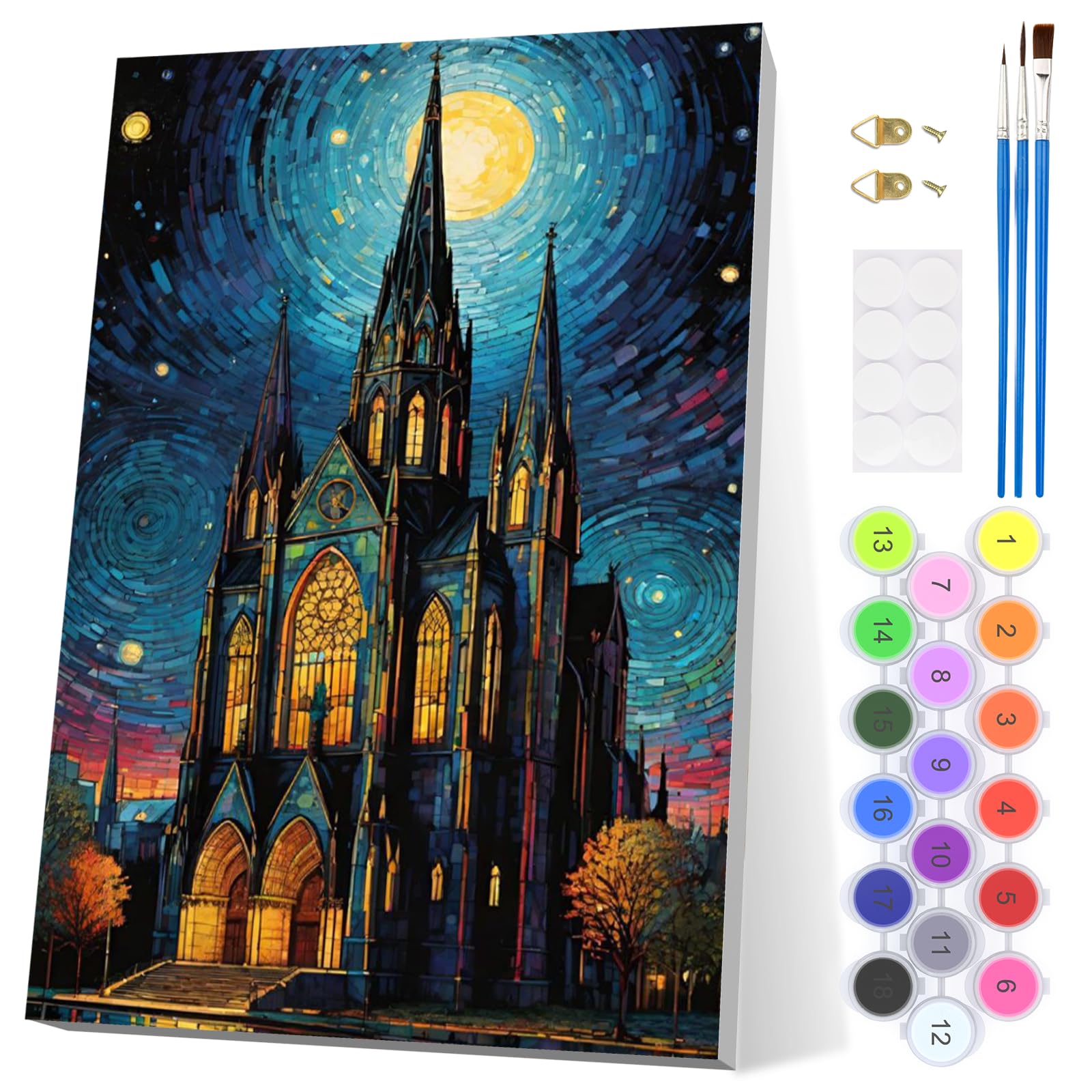 EOBROMD Moon Castle Paint by Numbers for Adults with Frame, Starry Sky Paint by Numbers Kits, Stained Glass Acrylic Easy Painting by Numbers for Gift Home Wall Decor 8x12in — image 1