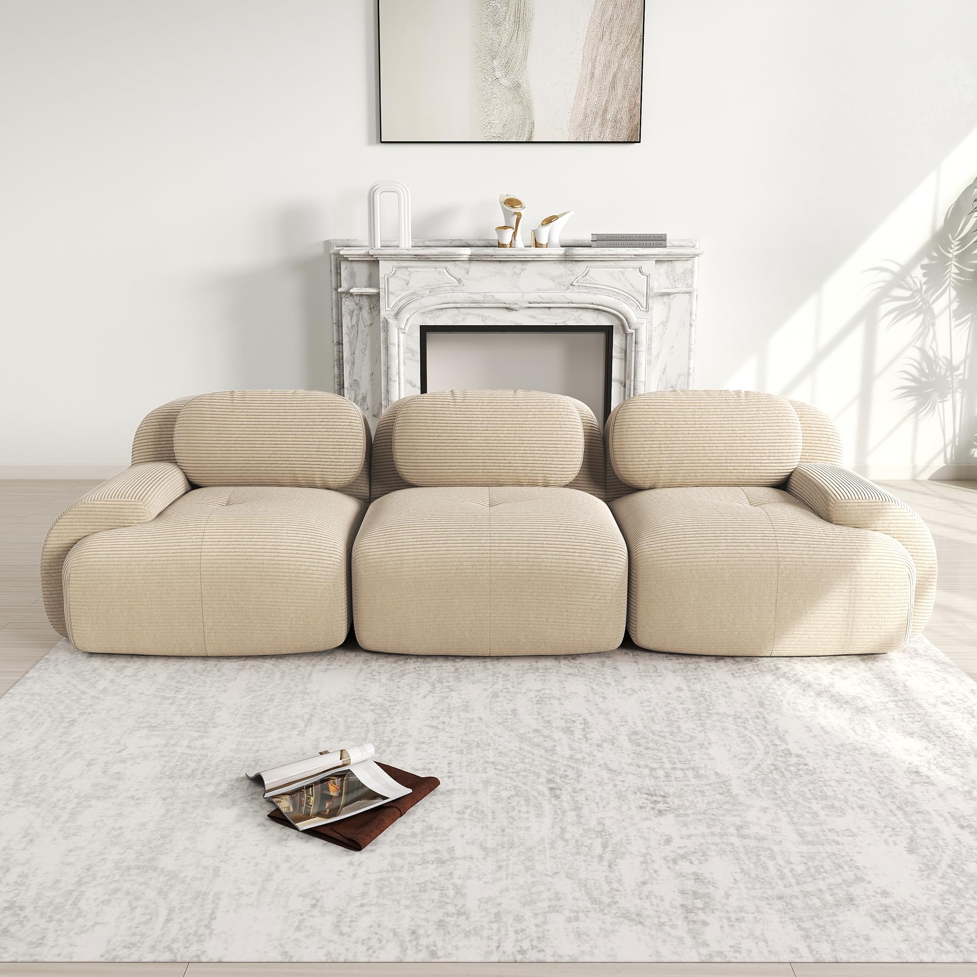 Divano a 3 posti in velluto a coste beige 298x103x70 cm, senza