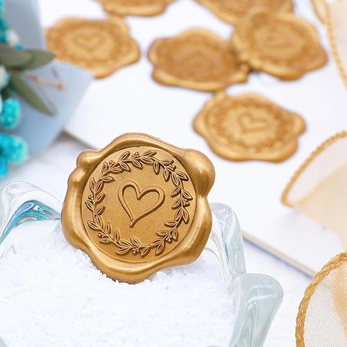 Miniatura 3 de SWANGSA 50 calcomanías de sello de cera de corazón con rama de olivo, sellos de sobres de invitación de fiesta de boda de oro antiguo, calcomanías