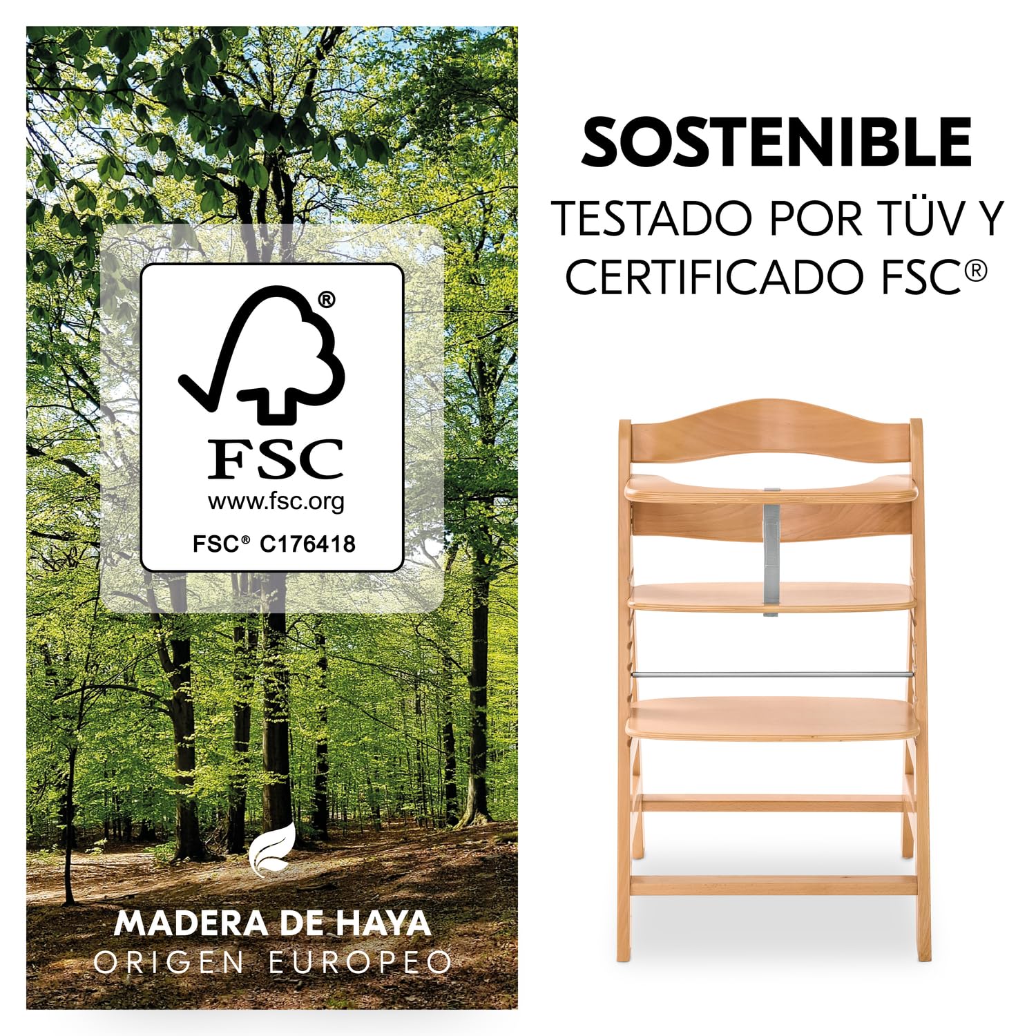 hauck Alpha Plus Trona Evolutiva Madera de Haya Certificada FSC® | Sillas Tronas para Bebé desde 6 Meses hasta 90 kg - Incluye Arnés de 5 Puntos y Barra Protectora - Natural
