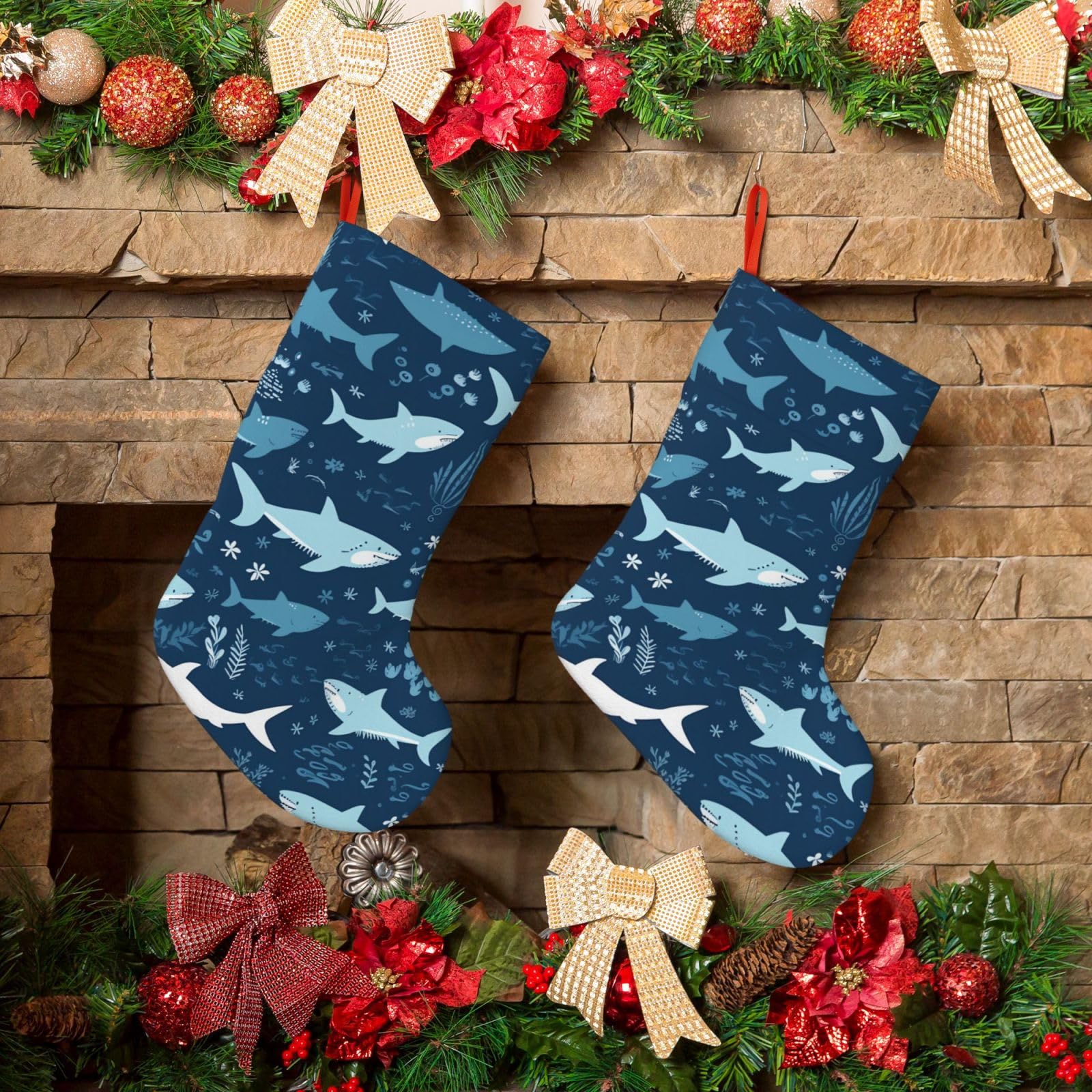 Sharks Christmas Stockings 18 Inches Velvet Xmas Fireplace Hanging Stocking Rustic Christmas Santa Stockings for Home Christmas Decorations Party Favor Supplies