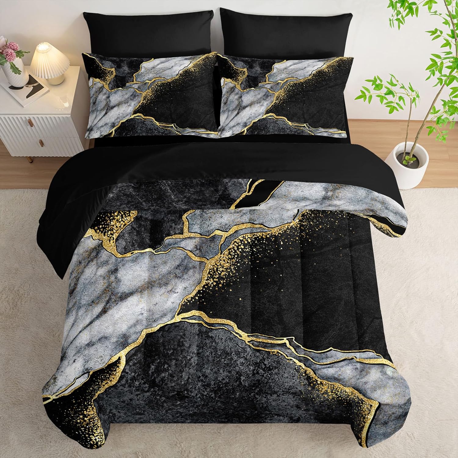 Nttopship 7 Pieces Black Gold Gray Marble Comforter Set Full Size,Marble Minimalist Wind Design Bedding Quilt Set 7PCS Bed in A Bag,Bed Sheet Set All Season Lightweight Soft Microfiber