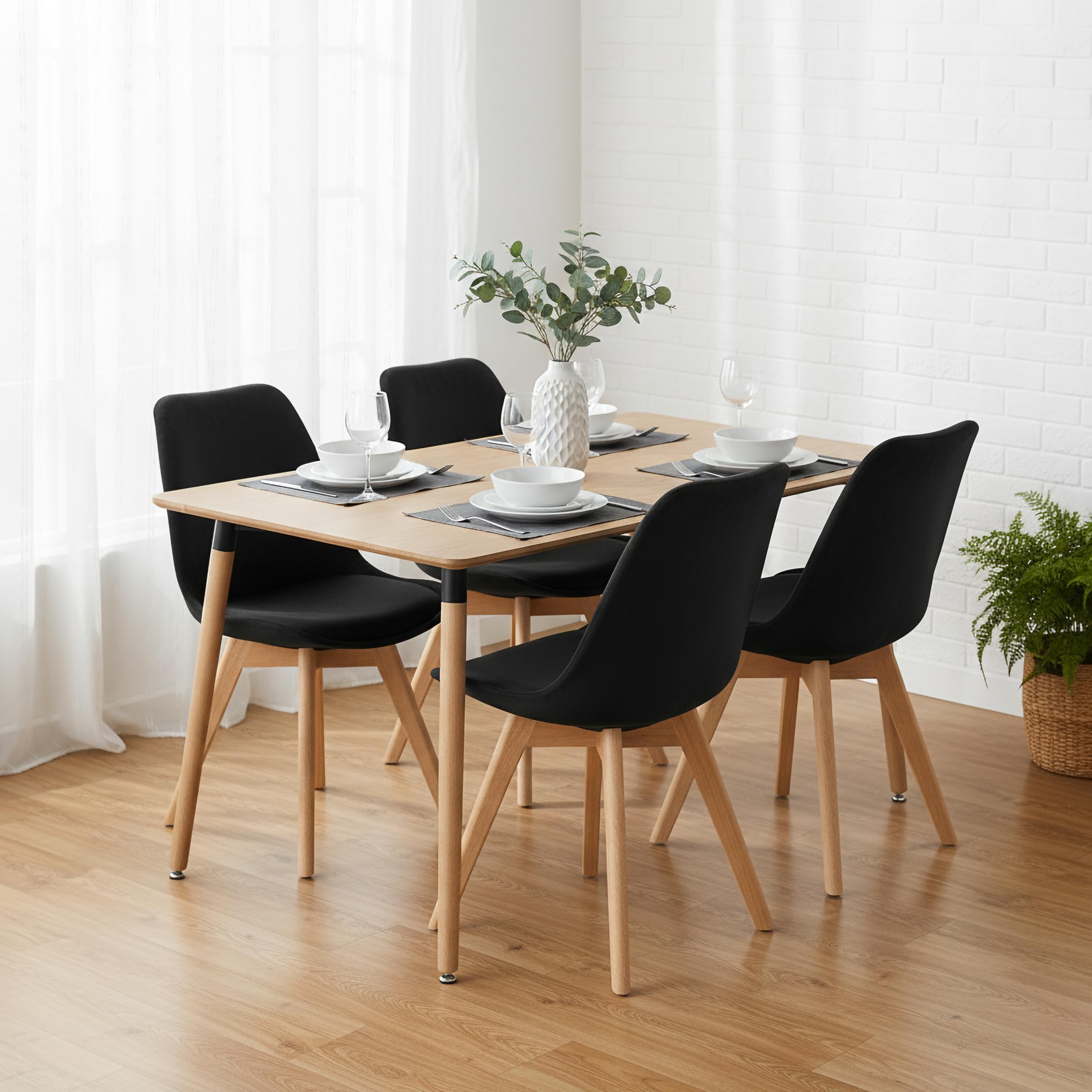 RED HERON Velvet Upholstered Dining Chair with Solid Beech Wood Legs for Mid Century Modern Dining Room Living Room Bedroom Kitchen & Lounge (Black, 4-Chairs)