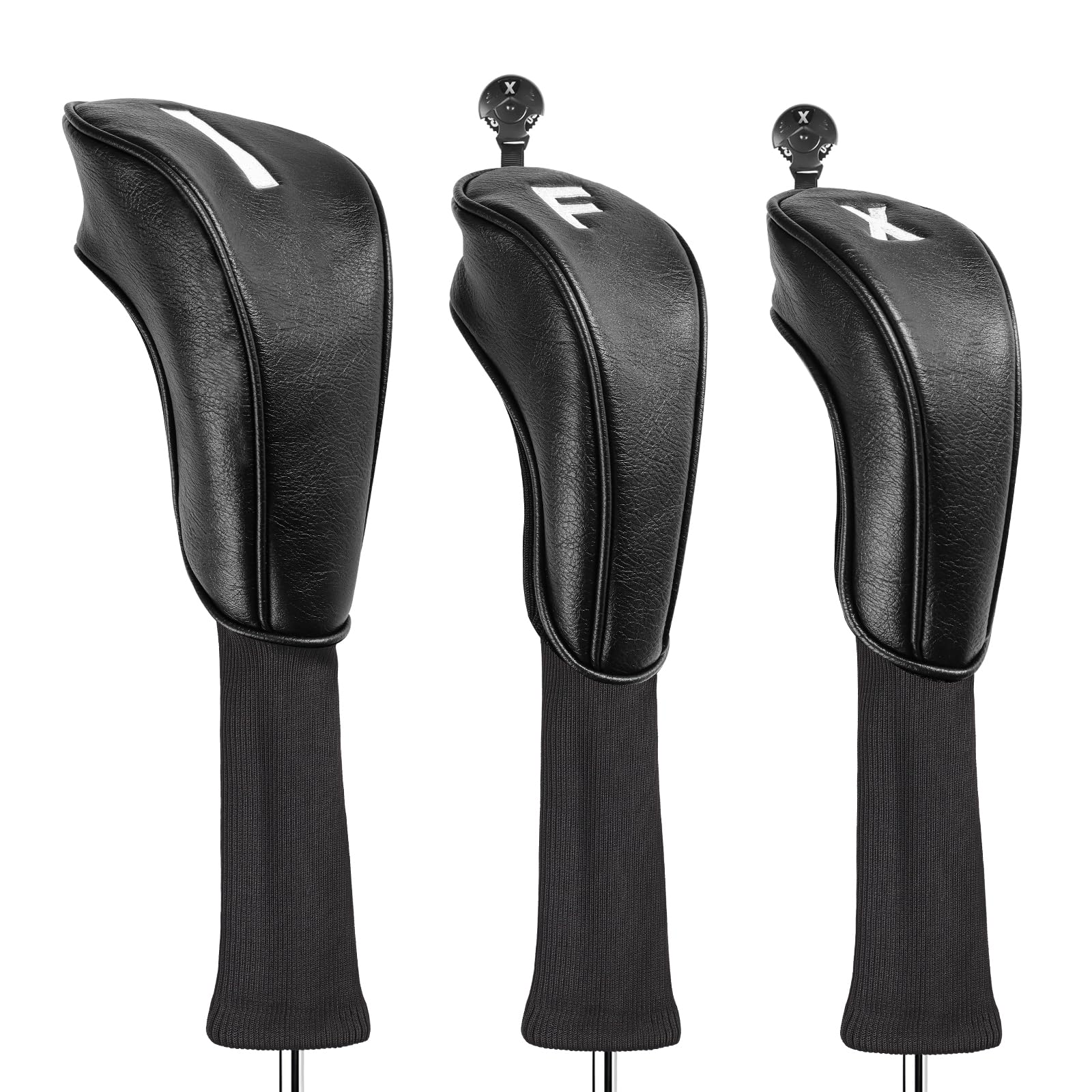 FINGER TEN Premium PU Leather Golf Wood Headcovers for Driver Fairway Hybrids 3 or 5 Pieces, Long Neck Covers with Embroidered Labels & Interchangeable No. Tags Fit Men Women (Black-3 Pieces)