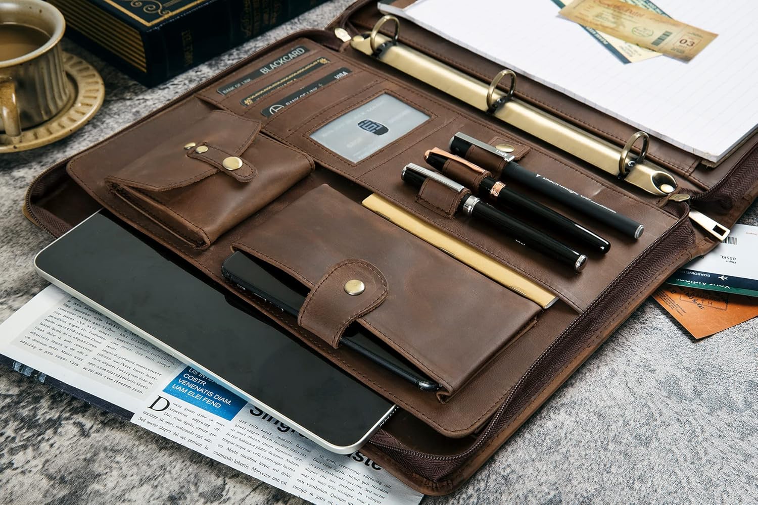 Leather Portfolio with 3 Ring Binder, Personalized Leather Binder Padfolio Zippered ortfolio Organizer, Engraved Leather Portfolio Binder, Custom Gift for Men Women (Dark Khaki, Non-Custom) - Image 4