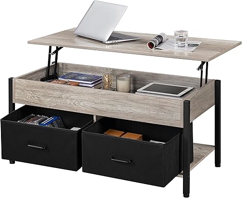 Topeakmart Mesa de centro elevable con estantes de almacenamiento ocultos y 2 cestas de tela, mesa central retro con mesa elevable de madera para