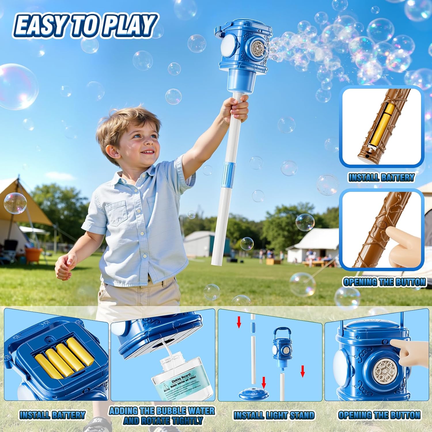 MSKOLER Standing Bubble Machine for Kids, Height 47 in Automatic Bubble Toys with Blower and Wand, Light, Kids Outdoor Playing Equipment, Bubble Outdoor Playset Outside Toys for Toddlers 1-3 3-8