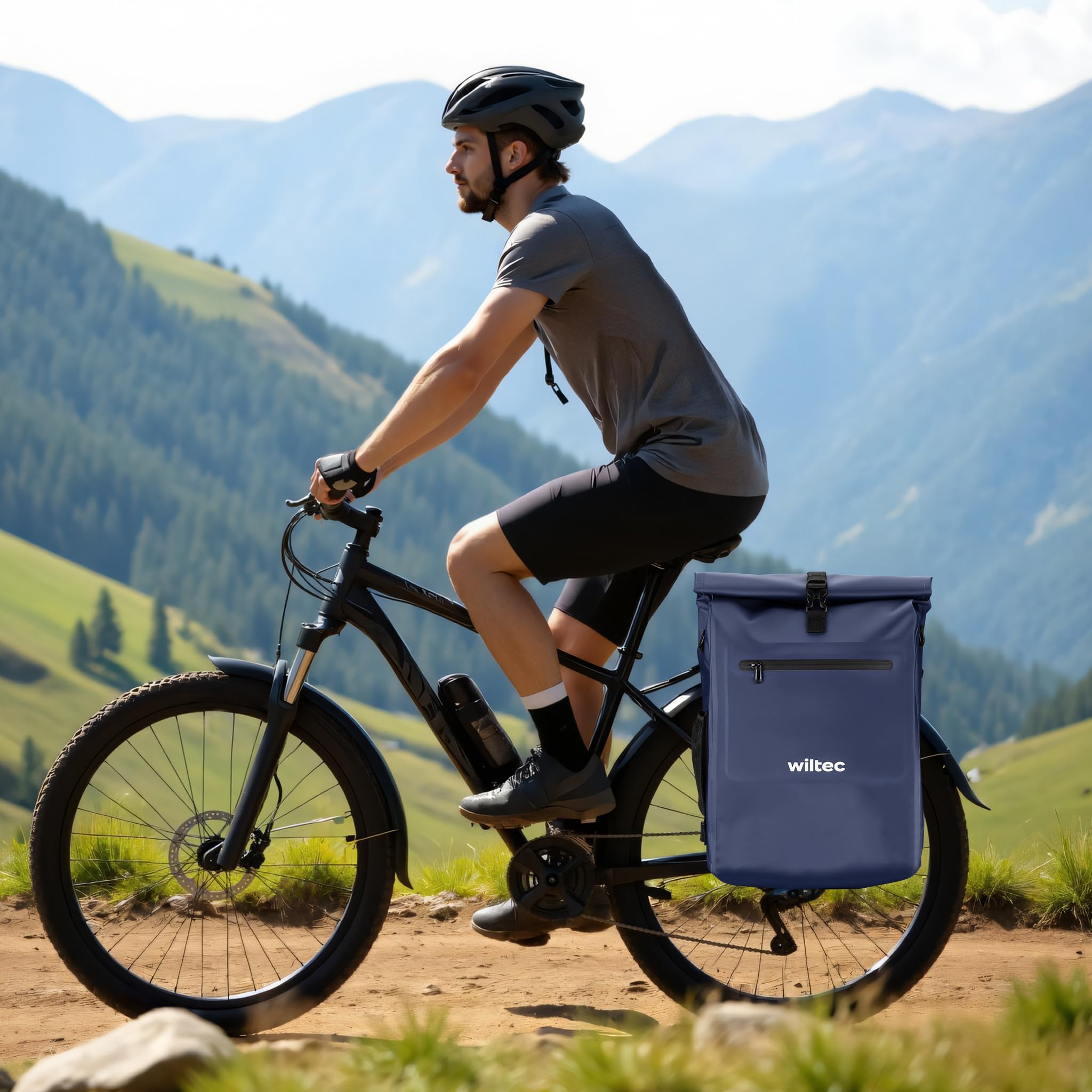 WilTec Bolsa para Bicicleta 3 en 1 de 25 L Azul Resistente al Agua con Compartimento para portátil Multifuncional de fácil instalación en portabultos Trasero de Bicicletas Tradicionales o eléctricas