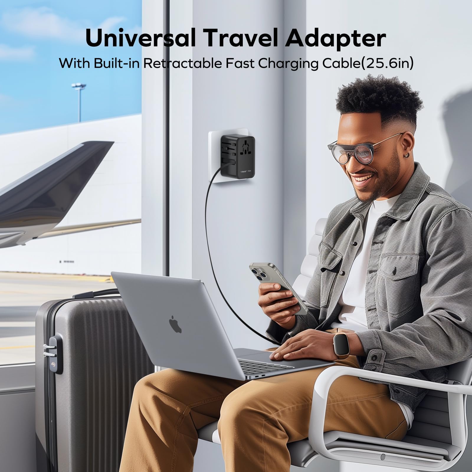 MOMAX Adaptador Enchufe Universal 70W GAN con Enchufes UK/UE/AU/US, 2AC + 3USB-C PD + 2USB-A QC - Cargador Internacional Rápido para Portátiles, Tabletas y Teléfonos, Compatibilidad Global