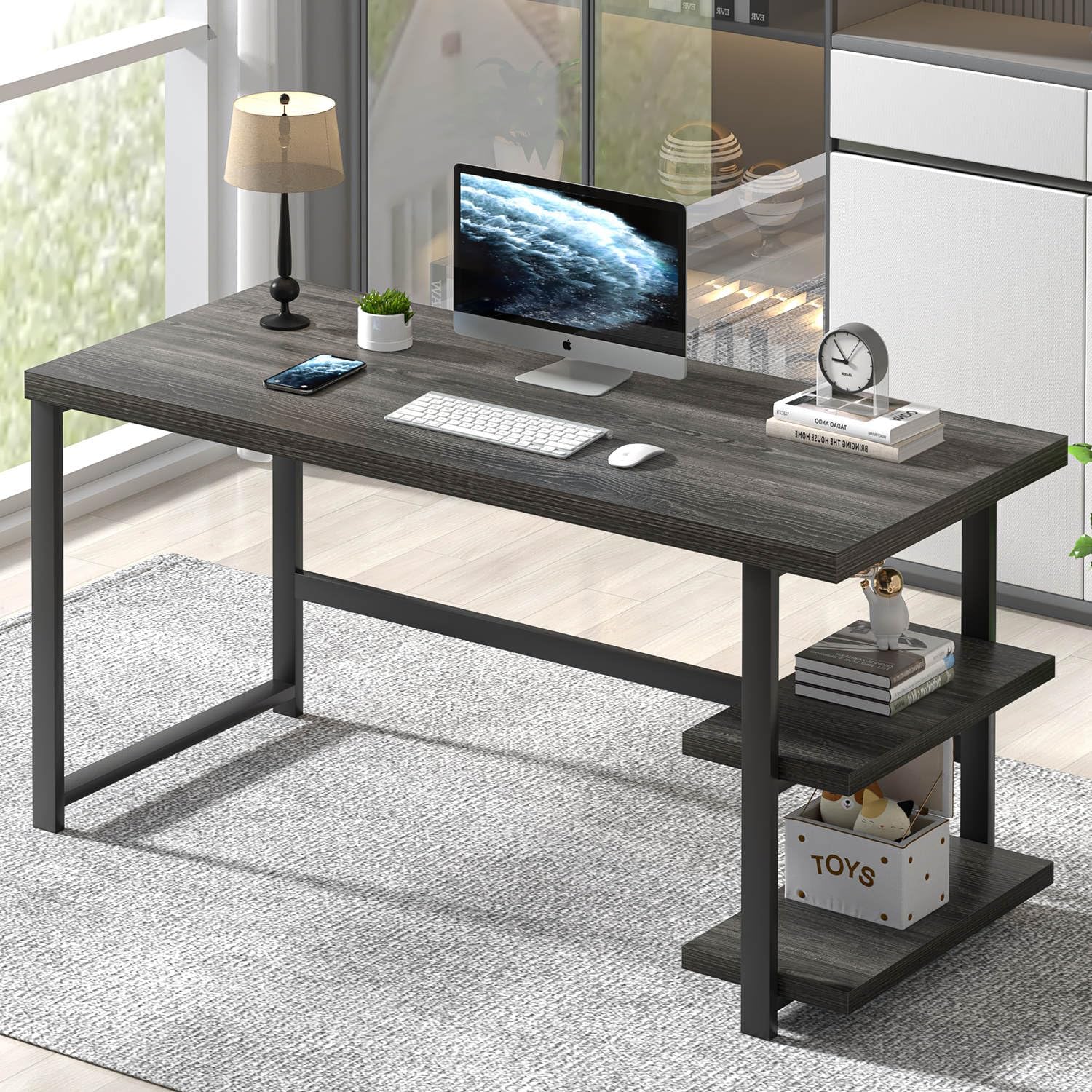 FOLUBAN Home Office Desk, Modern Computer Desk with Storage Shelf, Wood Study Writing Gaming Table for Bedroom Living Room, Industrial Dark Gray, 53 Inch