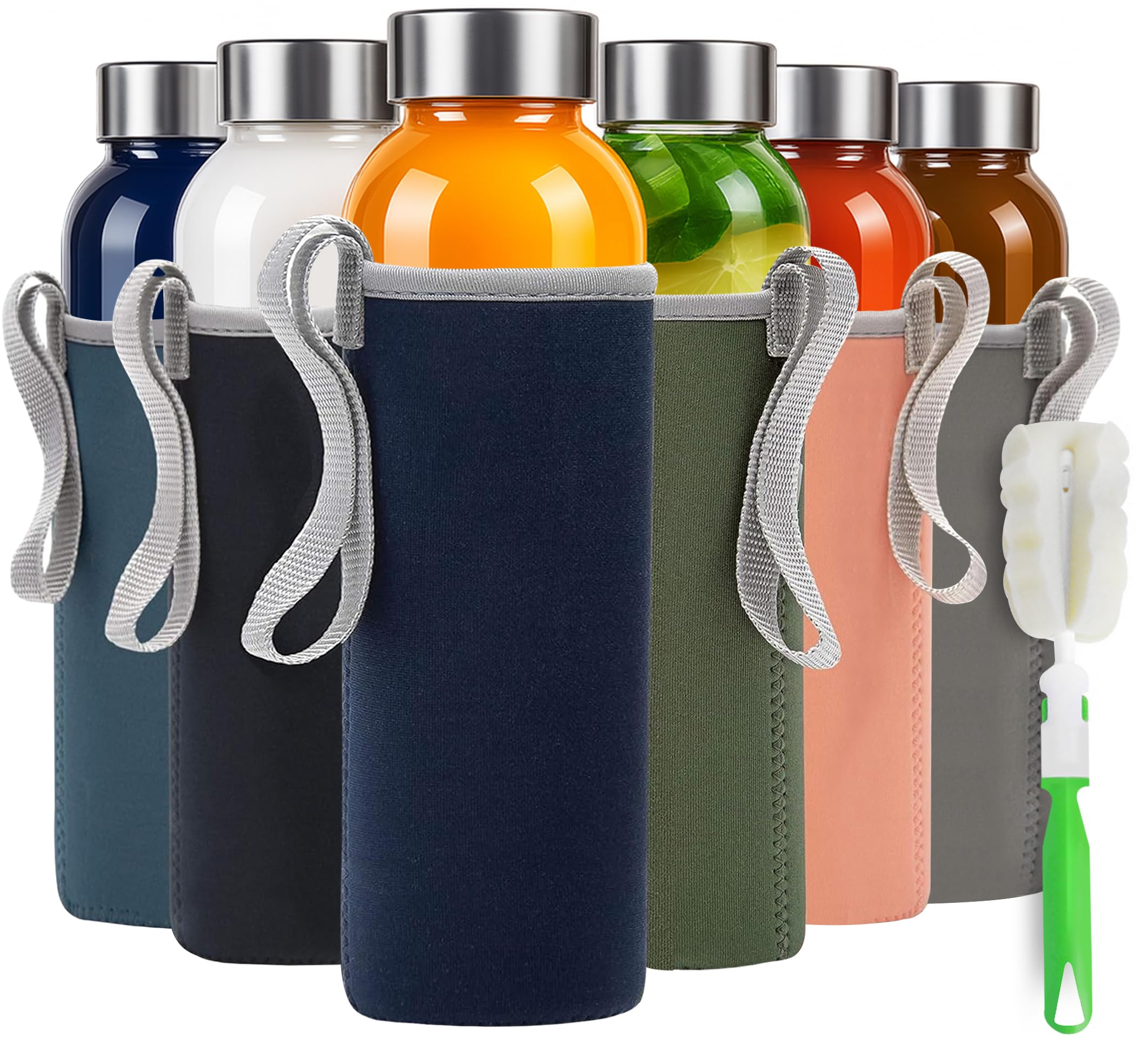 Epica glass bottles with lids – 18oz glass water bottles, reusable juice bottle with lids for storing juices, reusable water bottle durable & ecofriendly set of 6 with Sleeves