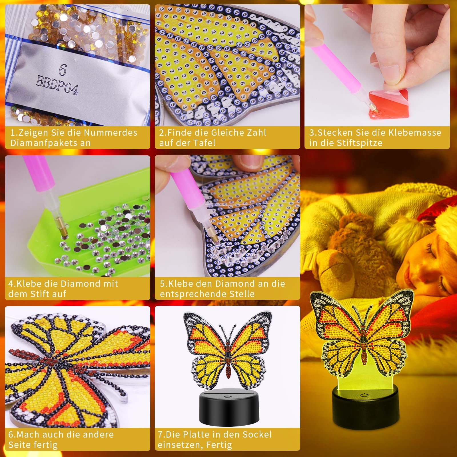 Zoyomax Cadeaux pour filles de 5, 6, 7, 8, 9, 10 ans, papillon Diamond Painting Veilleuse 3D créative Peinture diamant pour enfants, cadeau d'anniversaire pour enfants filles à partir de 6 à 12 ans