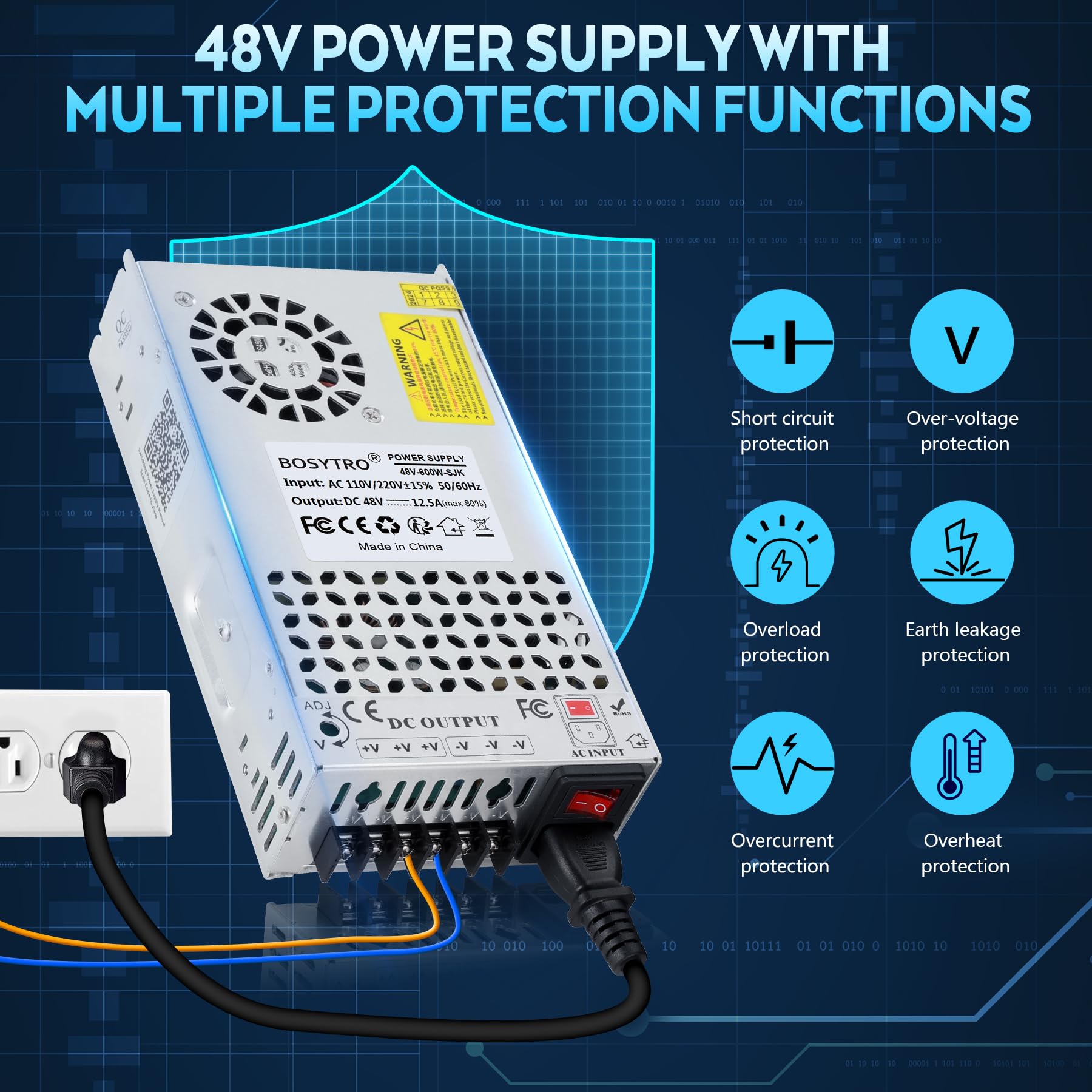 Ulepszony zasilacz impulsowy 48 V, 12,5 A, 600 W, transformator LED 230 V na 48 V, zasilacz sieciowy do taśm LED, CCTV, radia, aparatu, zasilacza laboratoryjnego, drukarki 3D, z kablem