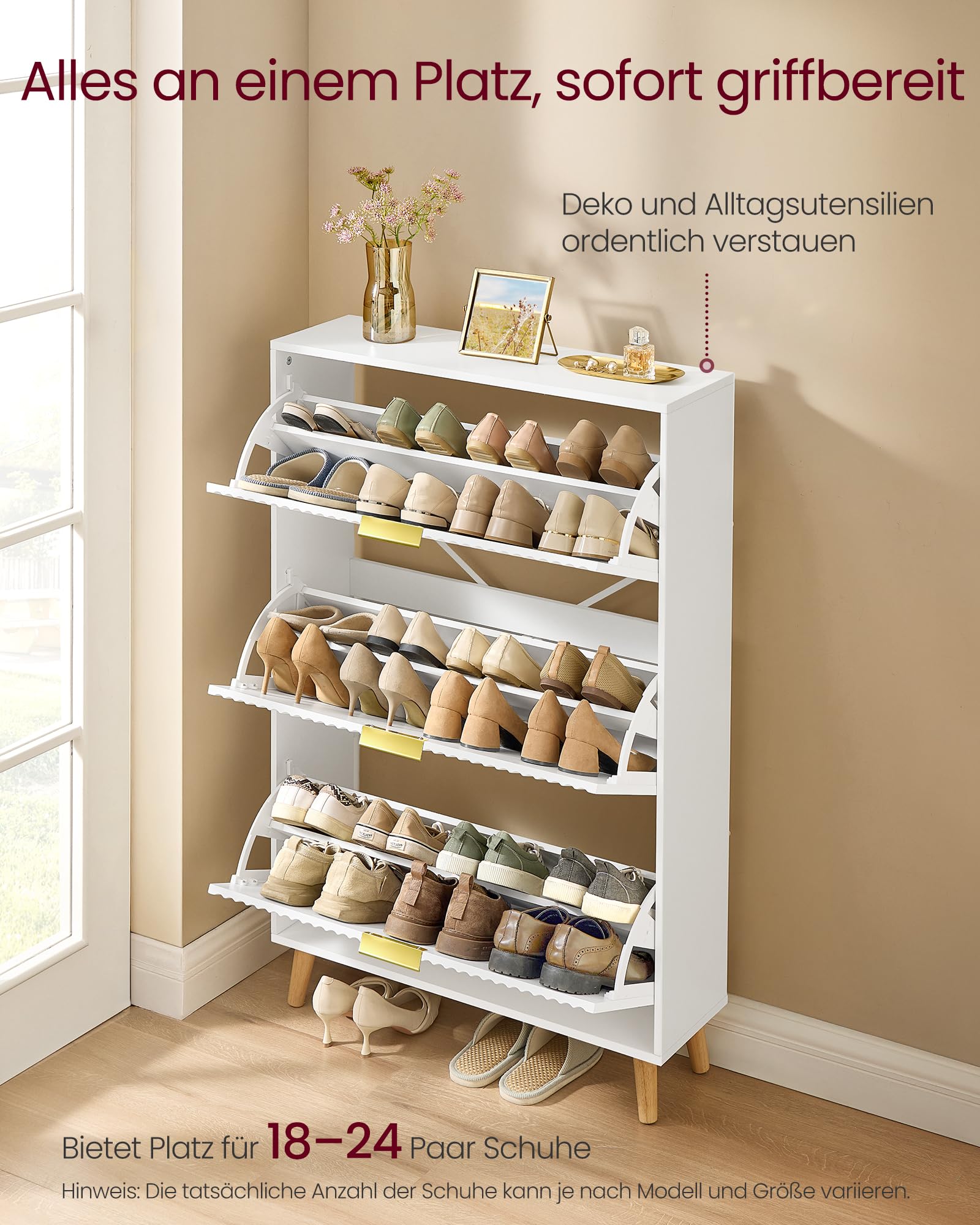 VASAGLE MAXE Kollektion - Schuhschrank mit 3 Klappen, Schuhkipper schmal, Schuhregal für Eingangsbereich, geriffelte Türen, für 18-24 Paar Schuhe, Mid Century Modern, wolkenweiß HSC302WB02