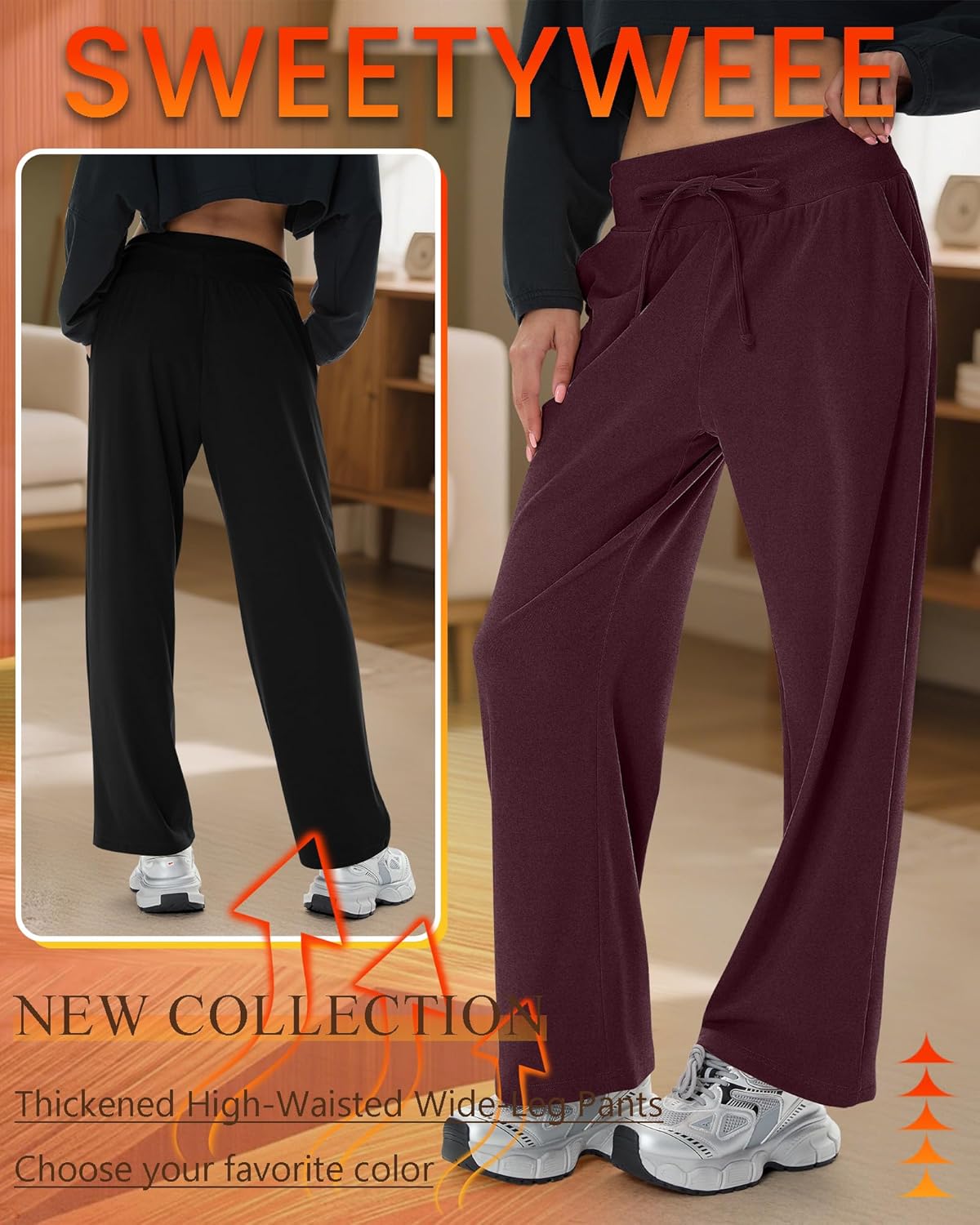 4 Pack Women's Fleece Lined Pants Wide Leg Winter Warm Sweatpants Lounge Baggy Thermal Sweats - Image 6