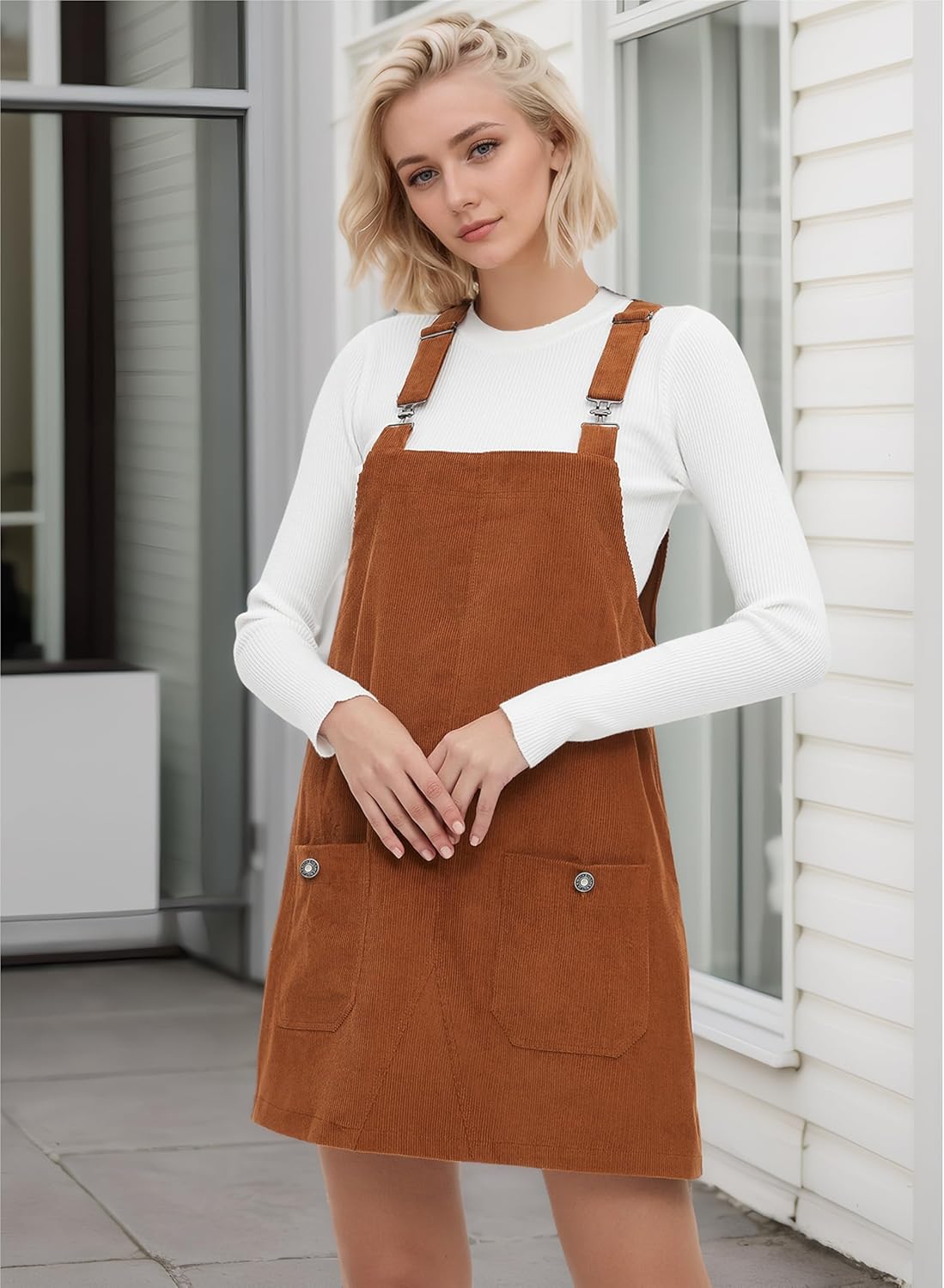 Womens Corduroy Overalls Dress Casual Adjustable Straps Pinafore Dress Short Skirt with Pockets - Image 3
