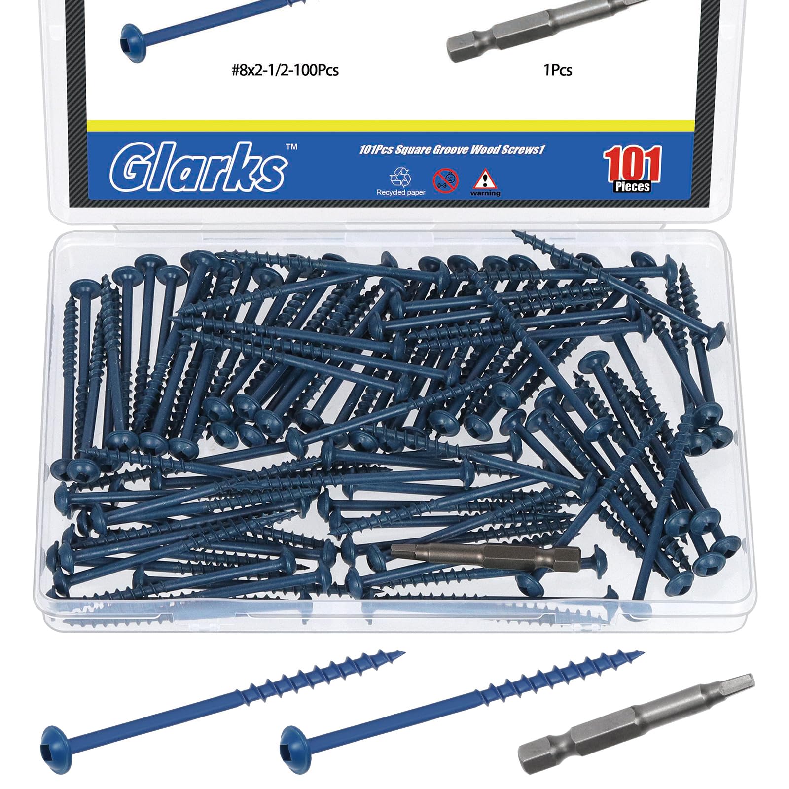Glarks 100pcs #8 x 2-1/2โโ Pocket Hole Screws with Square Drill Bit Kit, Blue Coated Square Drive Wood Screws, Washer Head Coarse Thread Screw for Woodworking, Furniture
