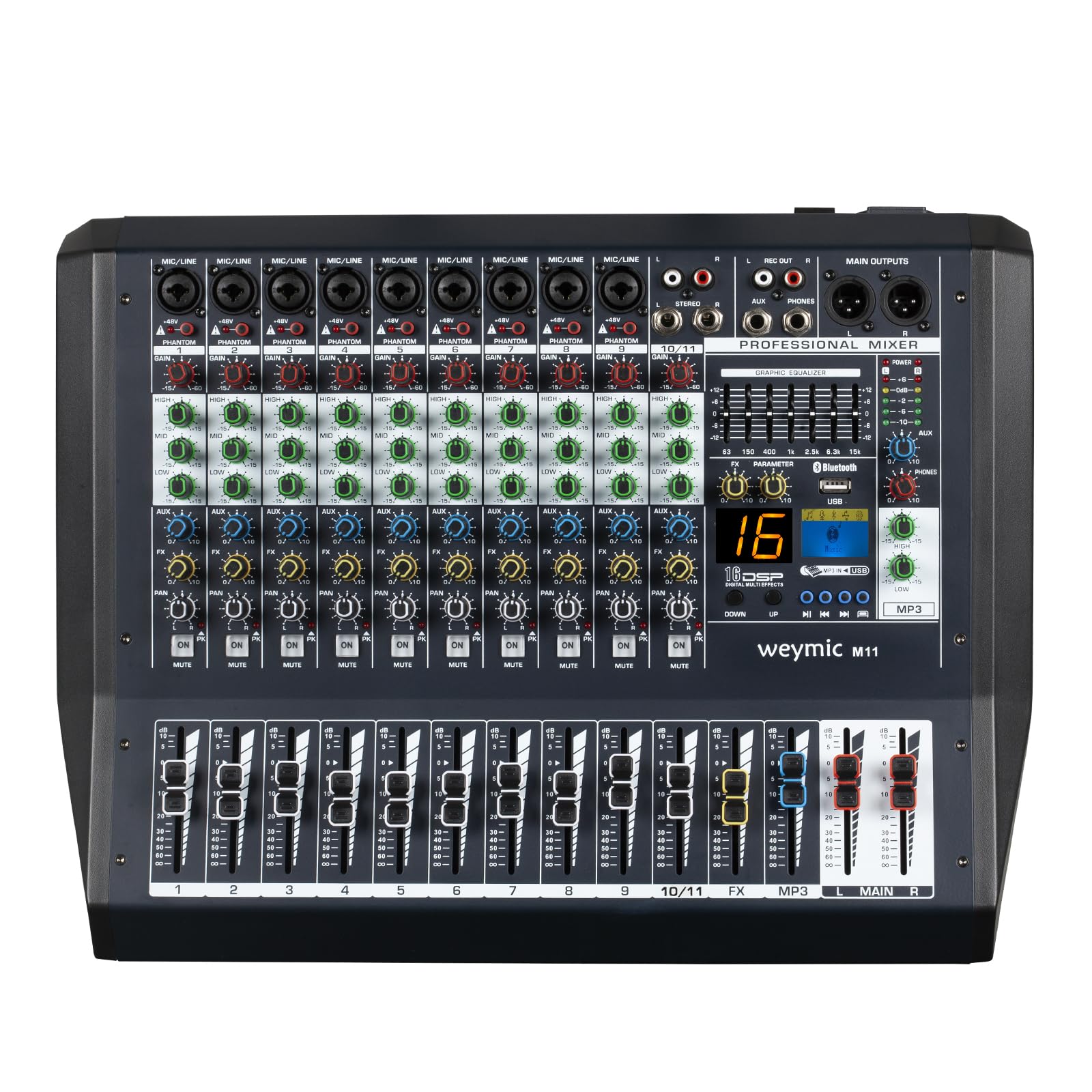 M Professional Mixer/w 16 DSP Effect/w Graphic Equalizer for Recording DJ Stage Karaoke Music Application w/USB XLR Microphone Jack, 48V Power (M11)