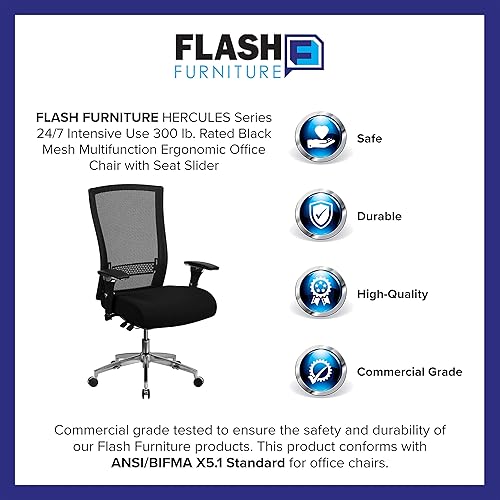Miniatura 9 de Flash Furniture HERCULES Series 24/7 Uso Intensivo 300 lb. Silla de oficina ergonómica multifunción de malla negra con deslizador de asiento Tela