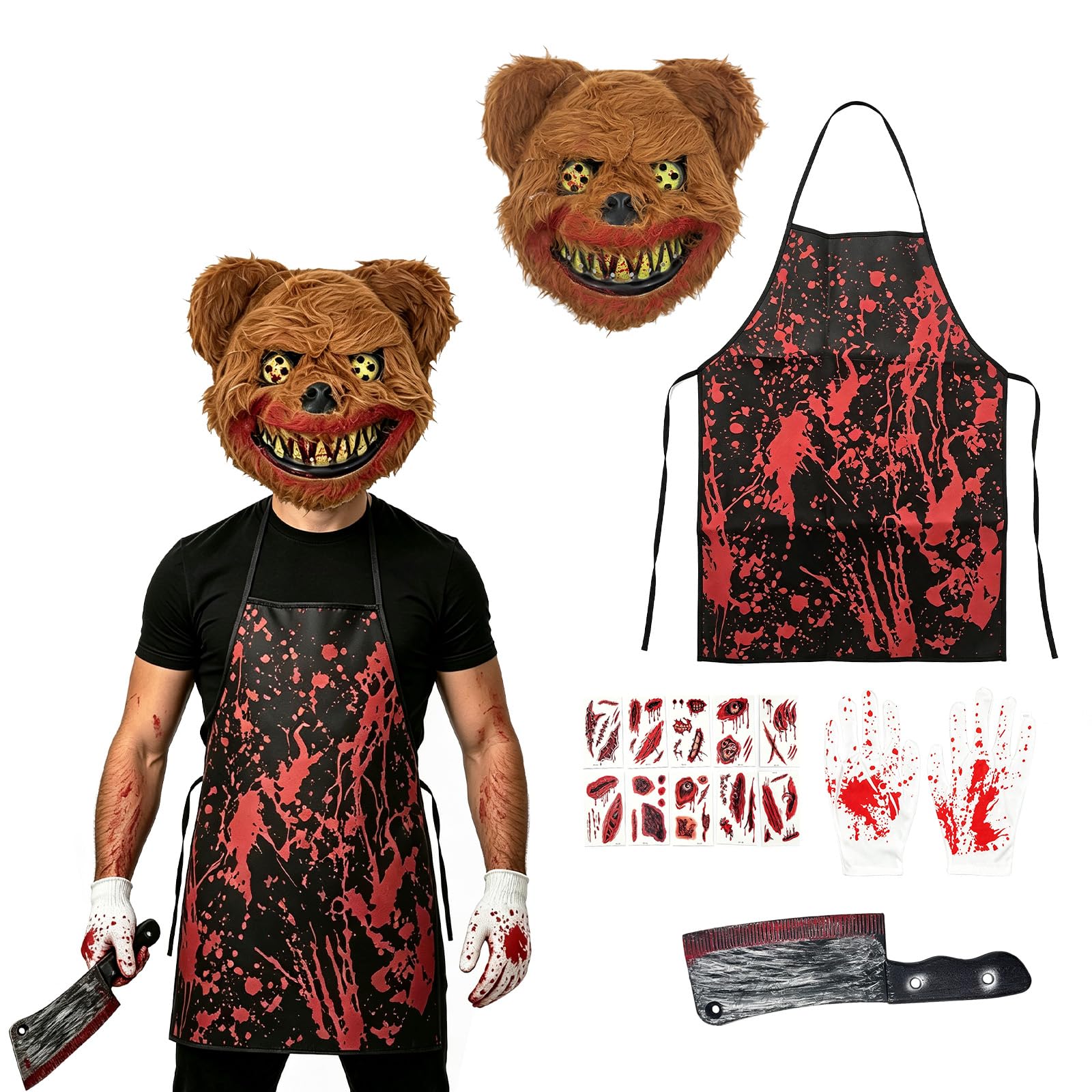 Horror-Bärenkostüm für Herren – Komplettset mit Maske, Schürze & Requisiten