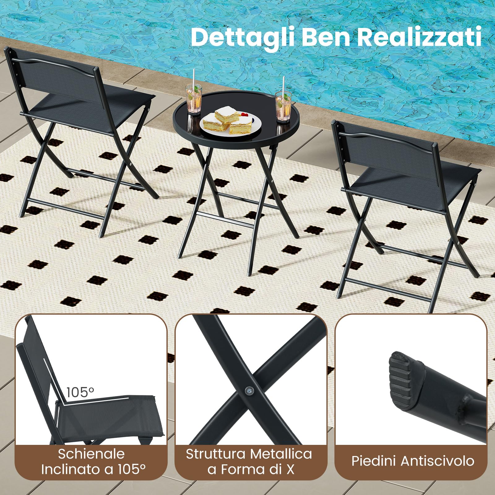COSTWAY Set Tavolino e Sedie da Giardino Pieghevole, Set Bistro 3 Pezzi, Tavolino con Piano in Vetro Temperato e Metallo, Sedie con Tessuto Textilene Impermeabile, per Balcone, Patio, Piscina