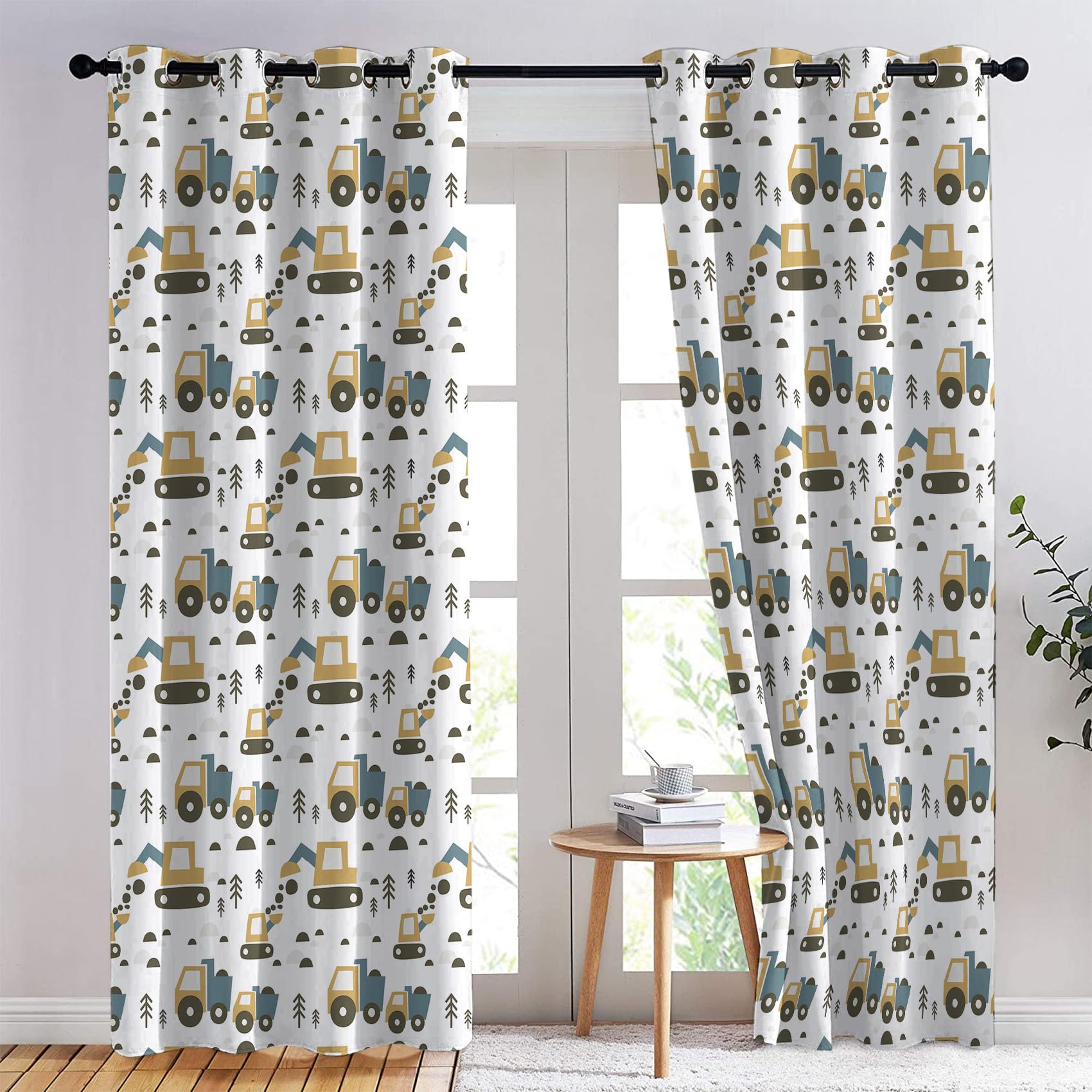 Bagger Kinder Vorhänge, Verdunklungsvorhänge mit Muster Baufahrzeuge Cartoon, Vorhang Blickdicht mit Ösen, Gardinen für Wohnzimmer Schlafzimmer Kinderzimmer Deko 2er Set - 220x140 (H X B) (GN-&238)