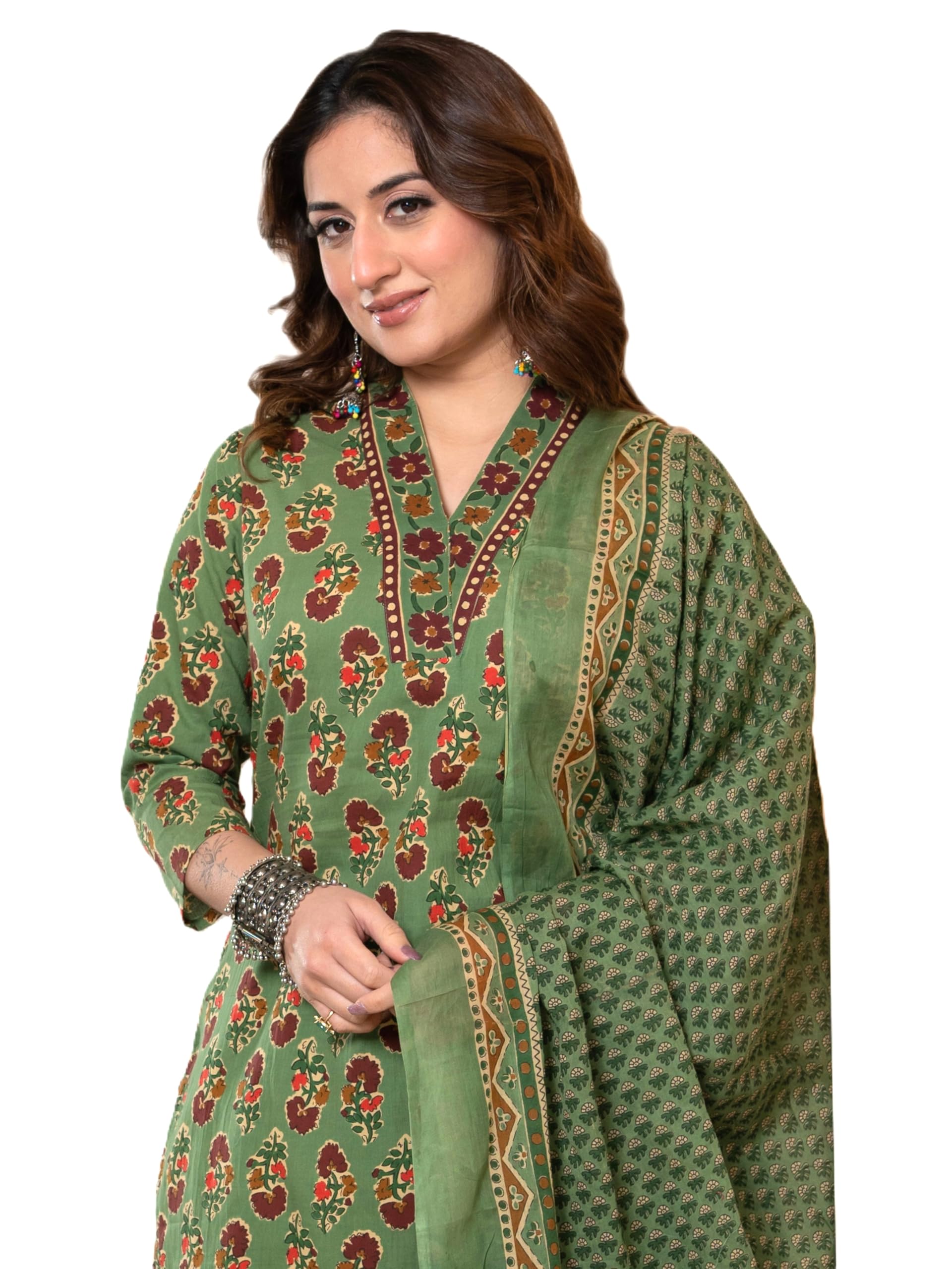 arayna Women’s Cotton Printed Kurta Set with Pants and Dupatta – 3/4 Sleeve | Elegant Ethnic Wear-picture-32