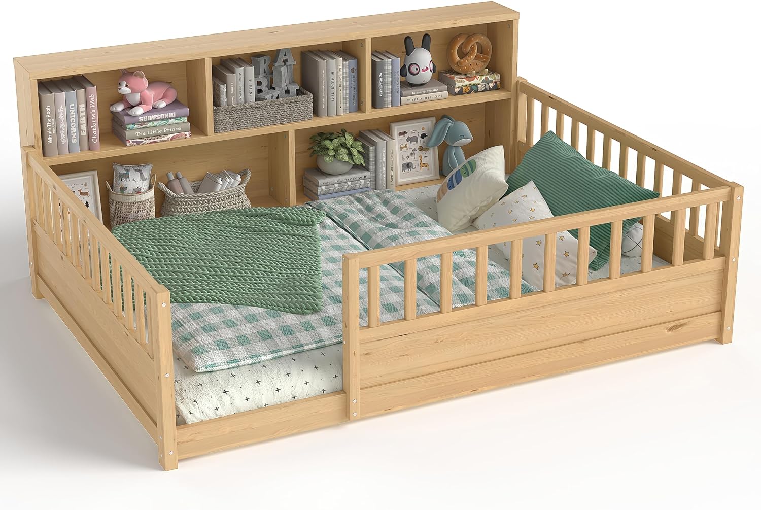Bellemave Montessori Full Floor Bed with 21.4" High Fence & Storage Bookcase, Solid Wood Kids Floor Bed Frame, Low to Ground Floor Beds Full for Kids, Girls & Boys, No Slats, Natural