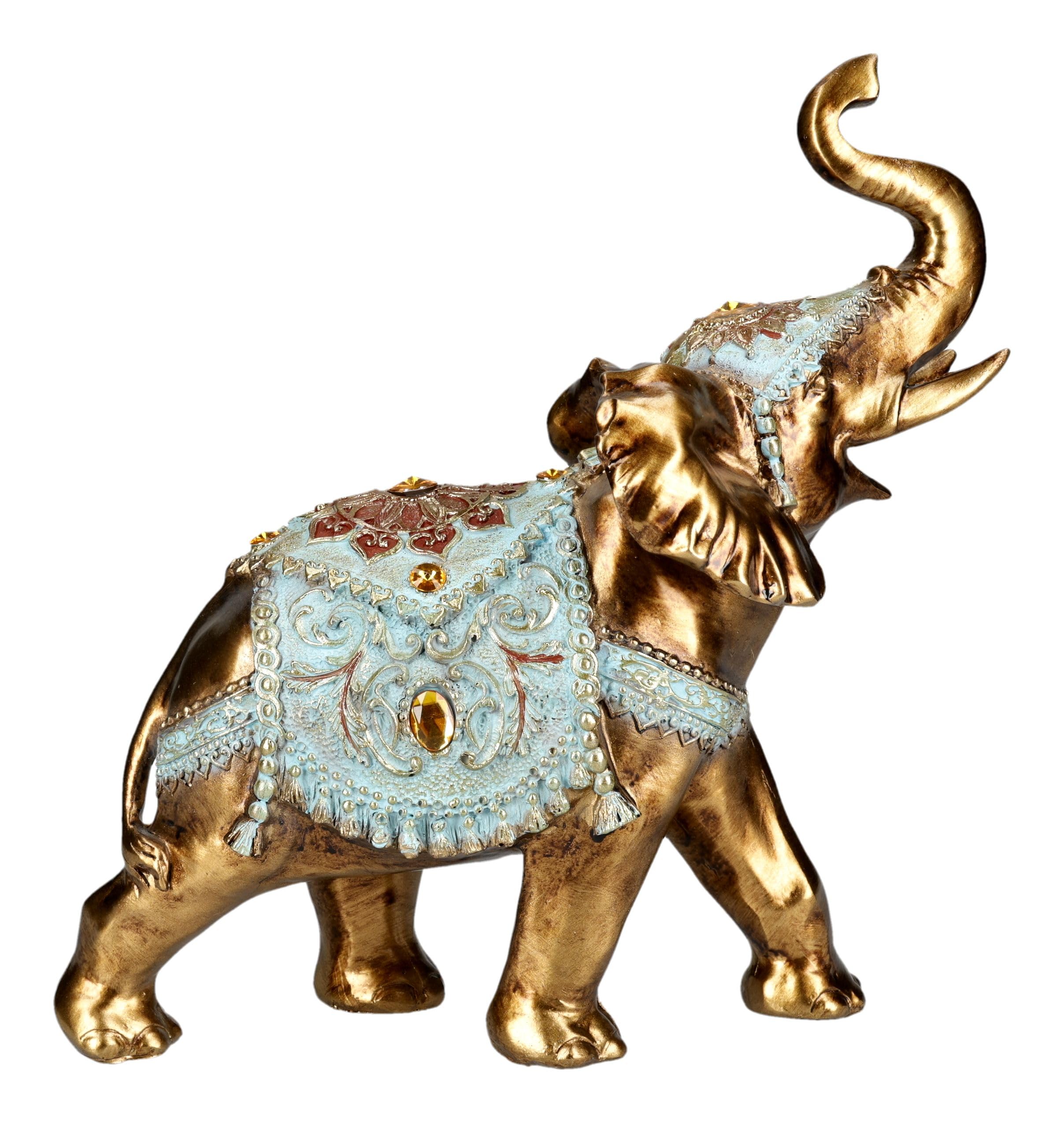 Figuren Shop GmbH Elefante de la suerte, figura de elefante con manta turquesa, pintado a mano (23 cm), símbolo de buena suerte, salud y prosperidad, idea de regalo