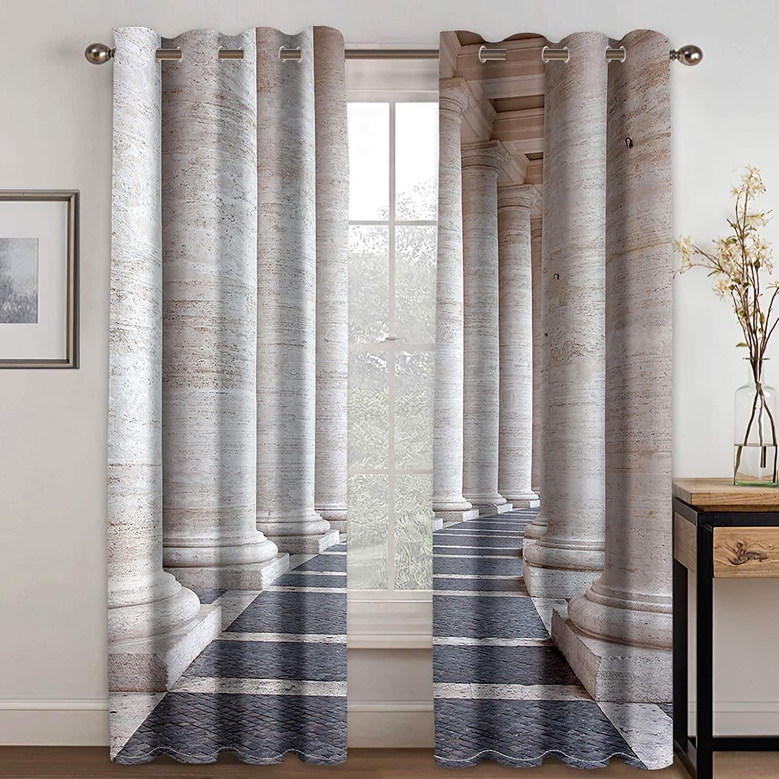 Rideau Opaque Chambre Enfant 2 Panneaux,2 x 107W x 183H CM,Rideaux Oeillets Architecture Rétro Rideaux Gris Beige Salon