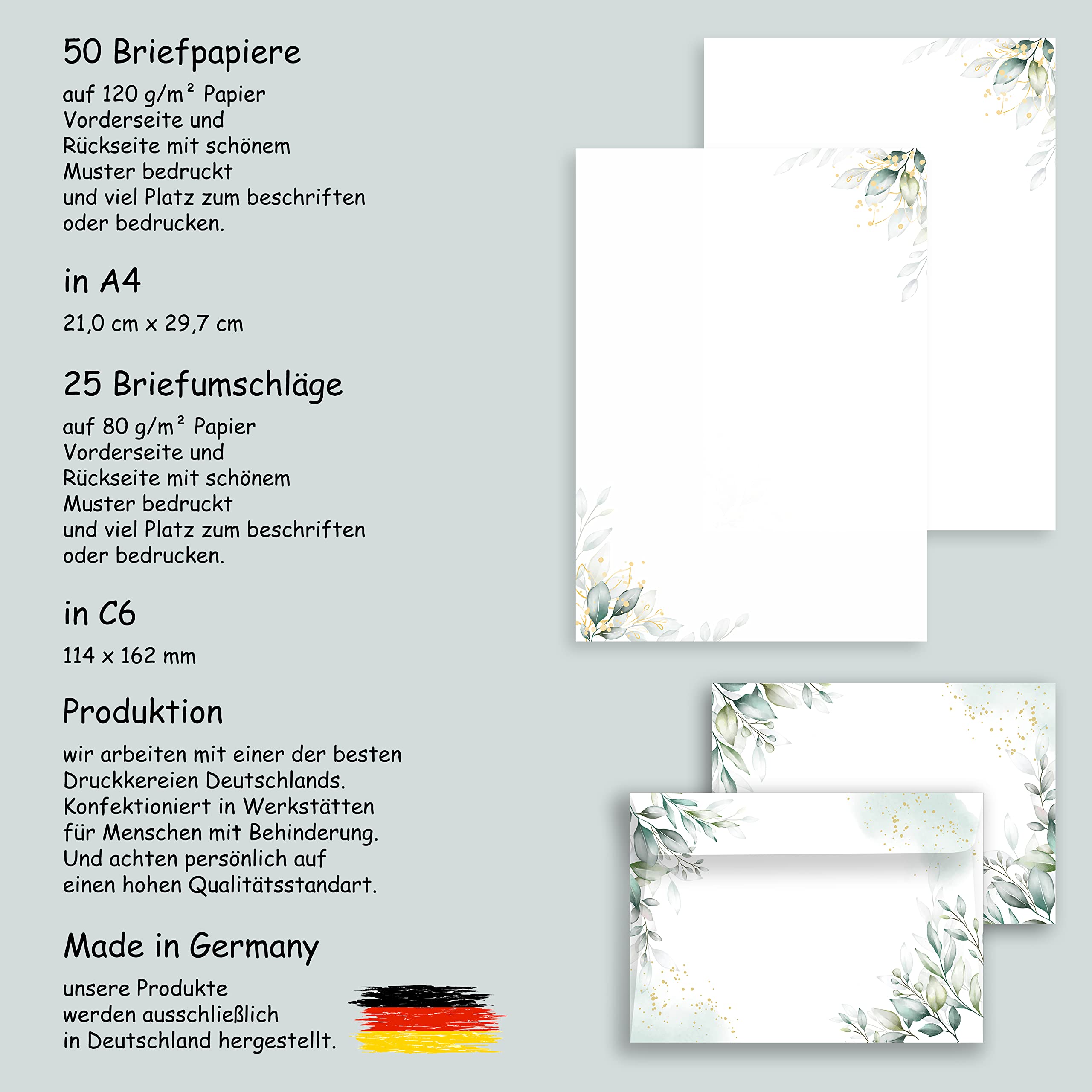 Letter Paper / Envelope Set Elegant in Green with Leaves Printed 2 Sides A4 120 g/m² C6 80 g/m² from 10 to 100 Sheets with Envelopes Vintage (75-50 Letter Paper with 25 Envelopes) - Image 2