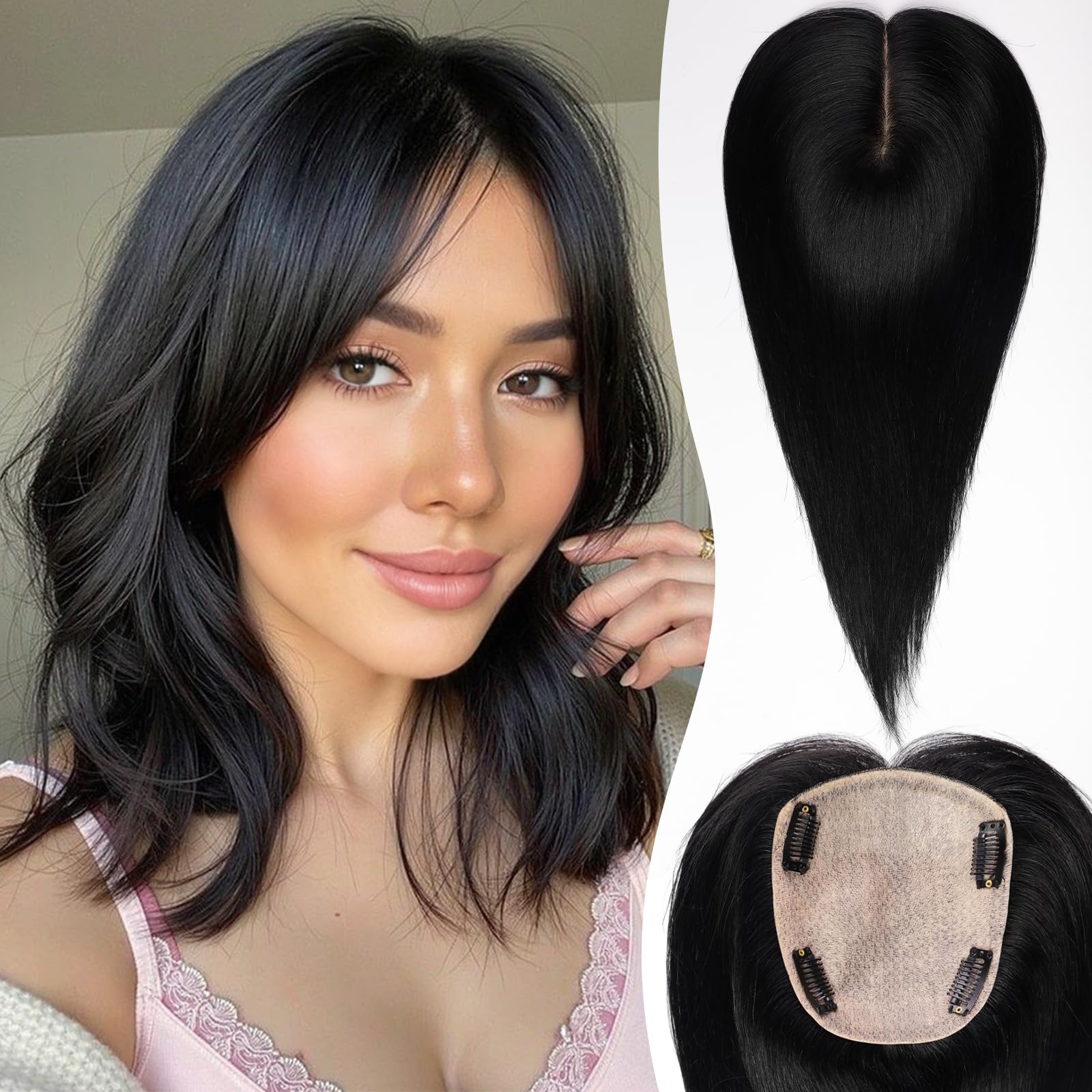 starluck Hair Toppers for Women Real Human Hair, 5"*5.5"Large Coverage Natural Black HairTopper No Bangs,100% Real Human Hair Toppers for Women with