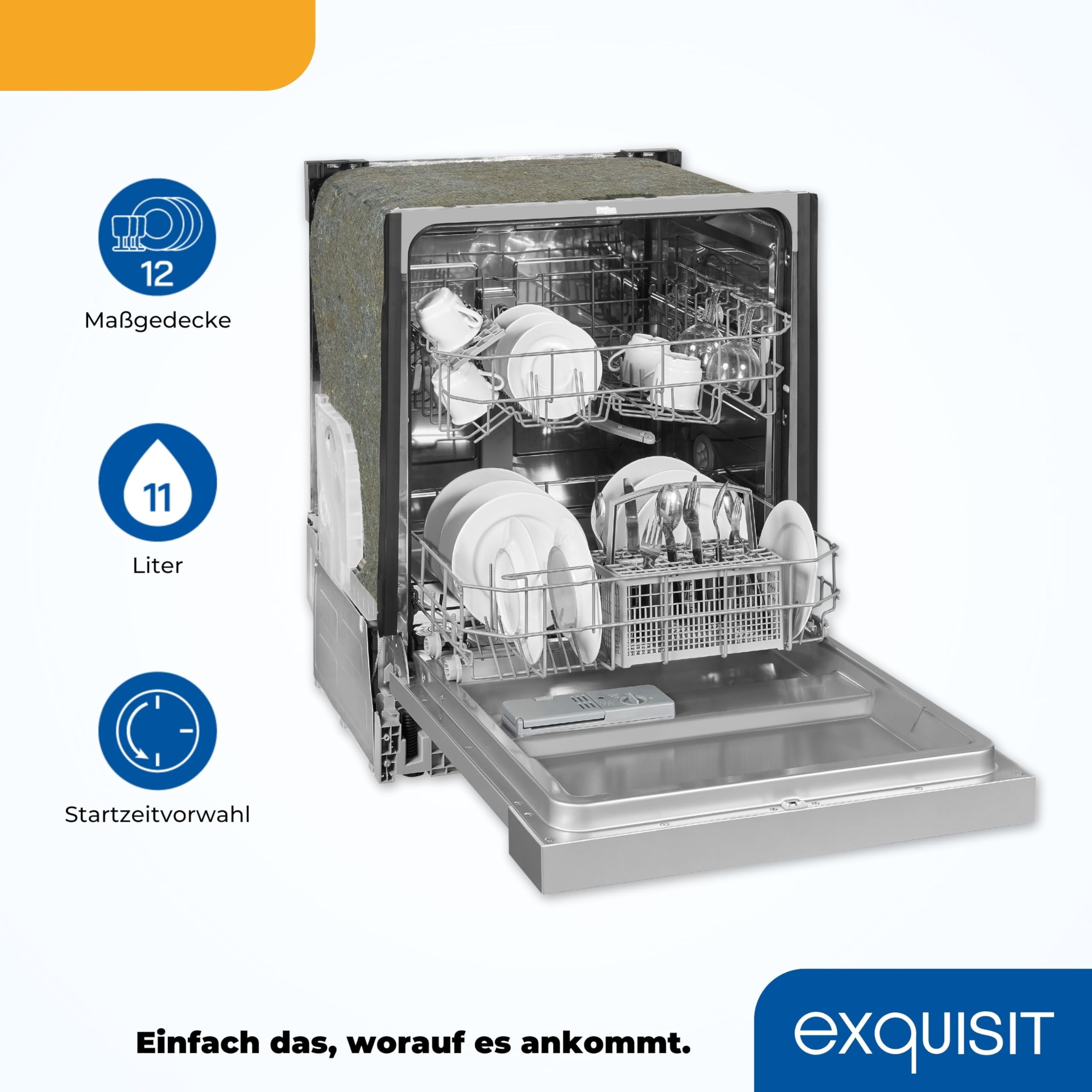 Exquisit Geschirrspüler EGSP6012-EB-030E INOX | Teilintegrierter Geschirrspüler 60 cm | 12 Maßgedecke | Spülmaschine teilintegriert 60 cm LED