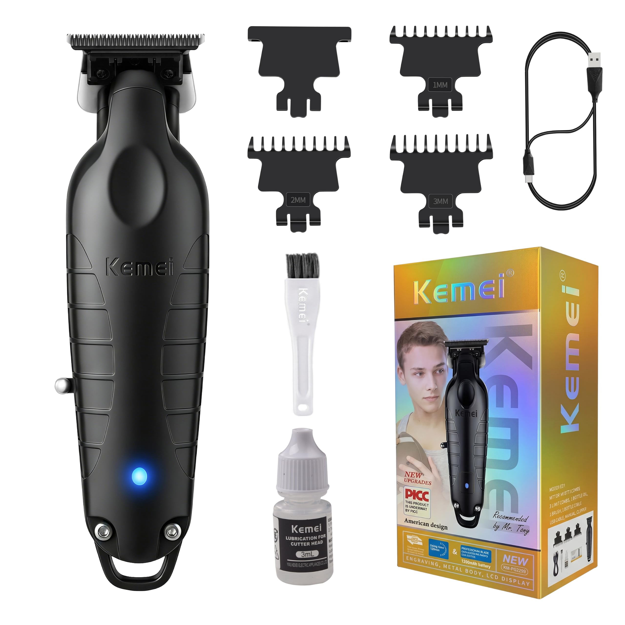Kemei 2299 Recortadora de Pelo Profesional para Hombres,Recortadora Eléctrica de Pelo, T-Blade de Cero Espacios, Recortadoras de Barba, Kit de Corte de Pelo de Barbero Inalámbrico
