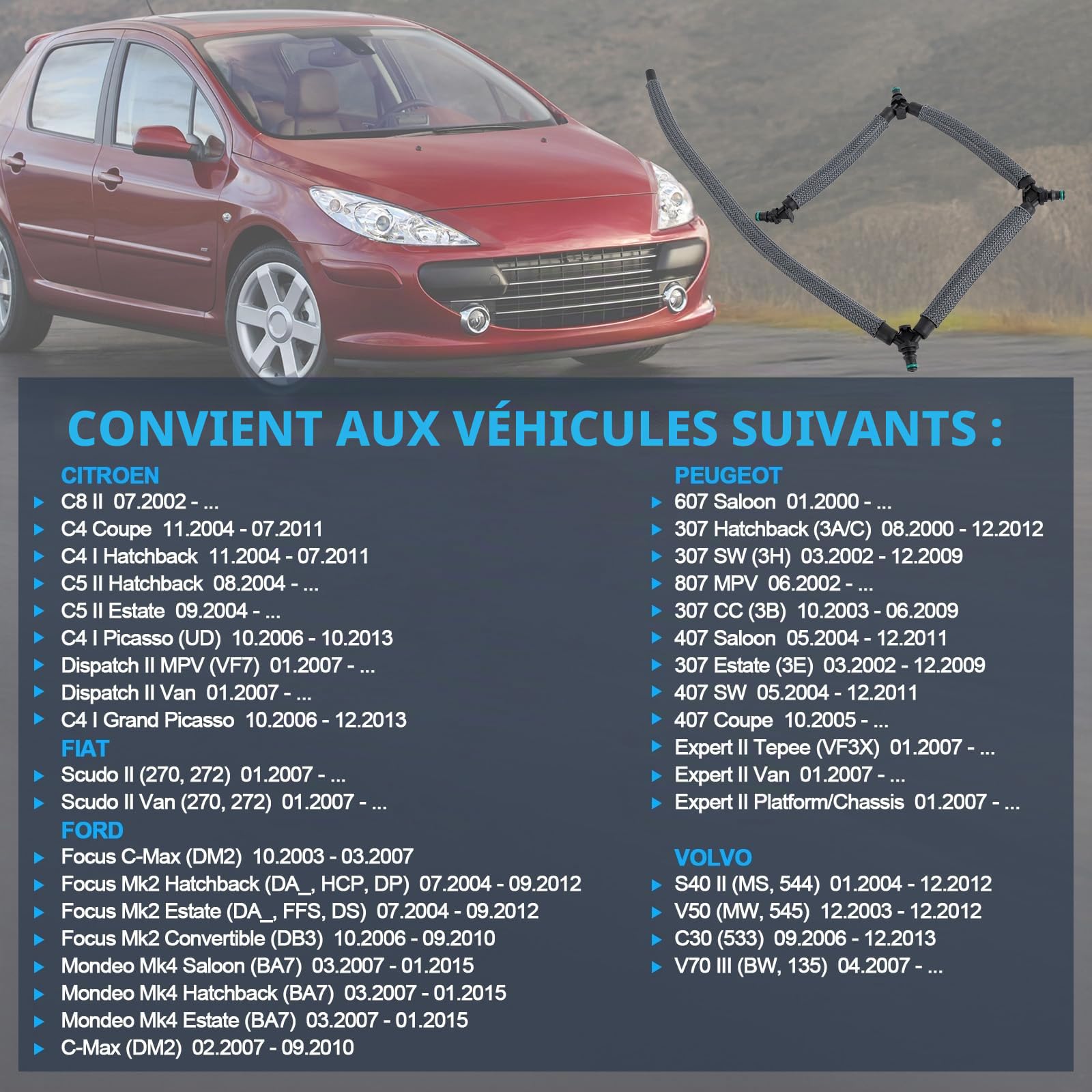 Tuyau de fuite de carburant diesel - Tuyau de retour - Tuyau de trop-plein - Tuyau d'écoulement pour Focus Mk2 C-Max Mondeo Mk4 Kuga C4 C5 307 407 - Numéro de pièce 3M5Q9K022AC 1708234 1574HL