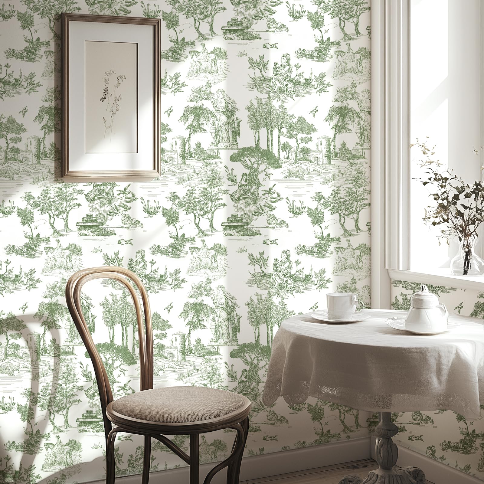 WENMER Toile Wallpaper, 17.7" X 118" Green and White Peel and Stick Wall Paper, Toile de Jouy Wallpaper, French Vintage Contact Paper for Bedroom,