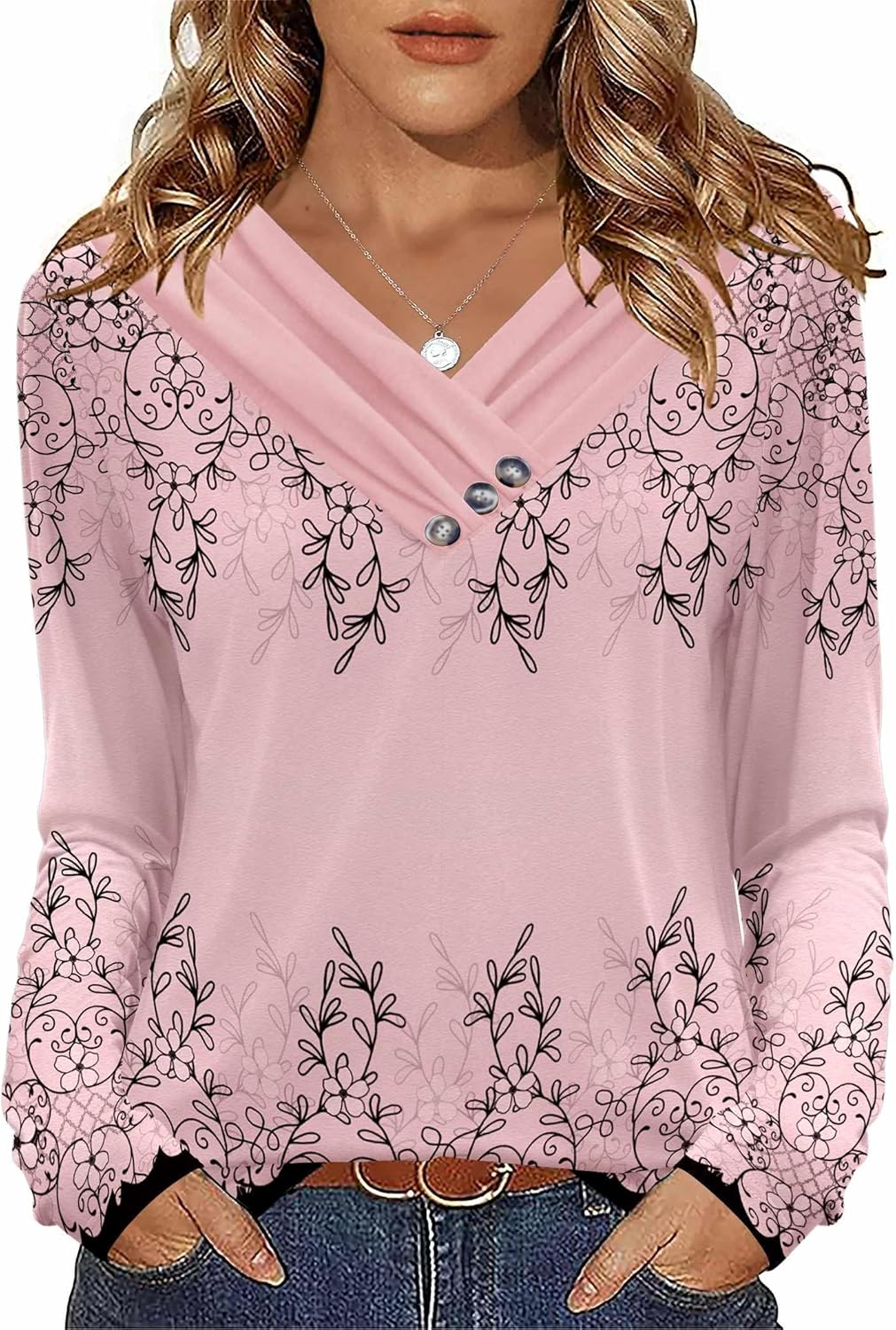 HOTOUCH Womens Fall Tunics Long Sleeve Tops Cross V Neck Shirts Loose Casual Blouses with Decor Button - Image 4