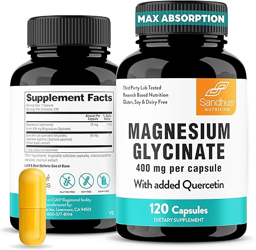 Cápsulas de glicinato de magnesio 400 mg con quercetina, sueño de calidad, relajación, salud muscular y ósea y apoyo inmunológico, para hombres y