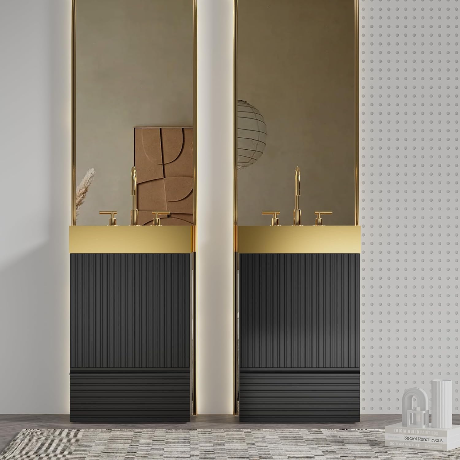 Fashionable Striped​ 20 inch Bathroom Vanity with Golden-Tone Metal Sink, Freestanding Modern Storage Cabinet with Soft-Closing Door 1 Drawer, for Small Bathroom, Powder Room, Hotel Black