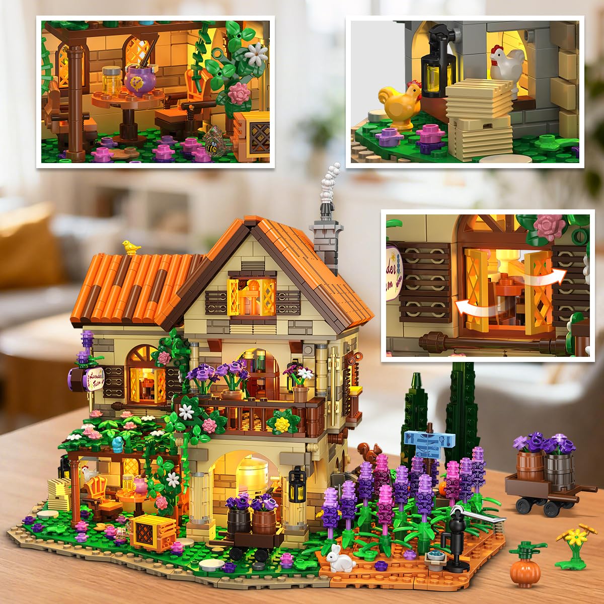 INSOON - Set di costruzioni in miniatura della casa di Lavender Manor con luci, 1960 pezzi, modello di costruzione della tenuta di lavanda, decorazione per la casa, romantico mazzo di fiori di lavanda