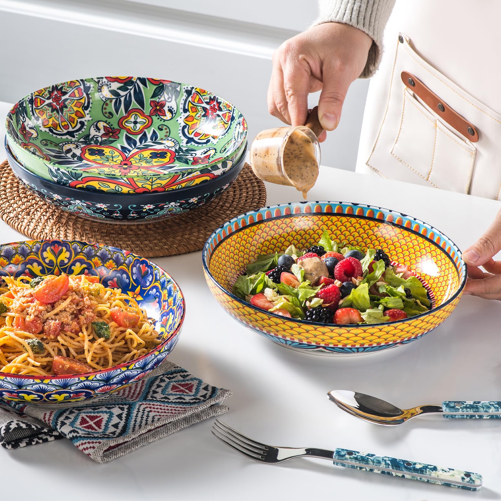 HENXFEN LEAD Saladiers 1330 ml, assiettes creuses, assiettes à pâtes, lot de 4 en porcelaine, grands plats de service colorés pour pâtes, nouilles, salade, soupe, style bohème