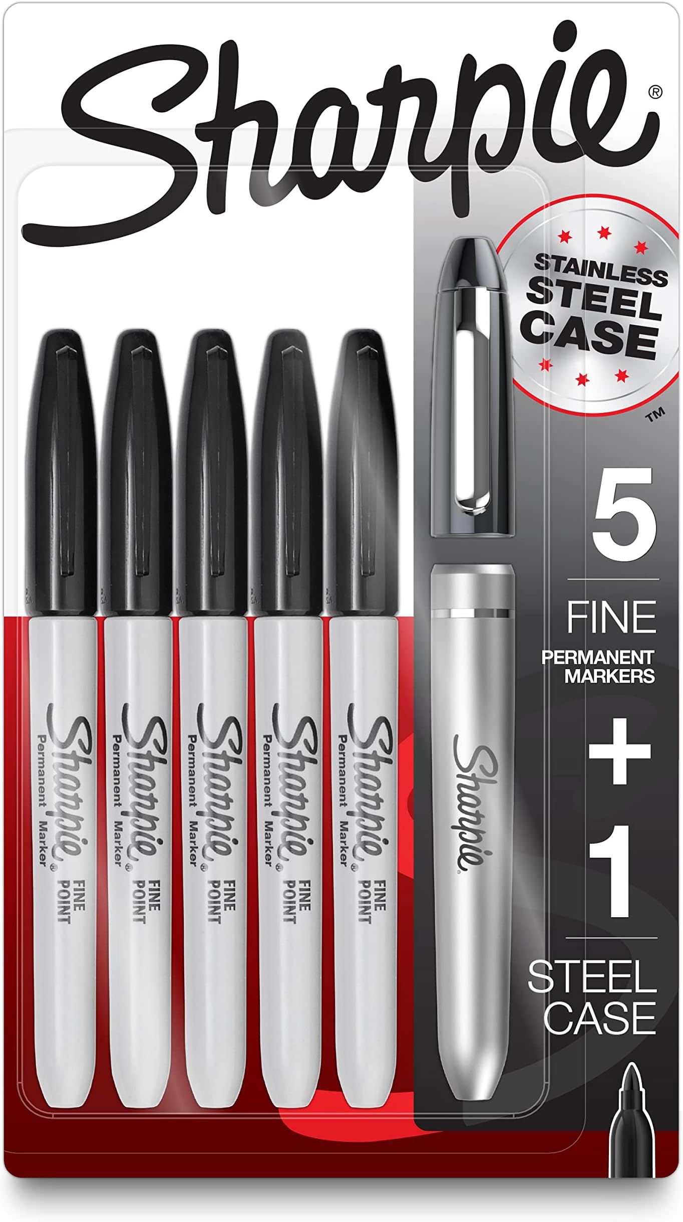 SHARPIE 6 x Black Fine Tip Permanent Markers with Stainless Steel Marker Case