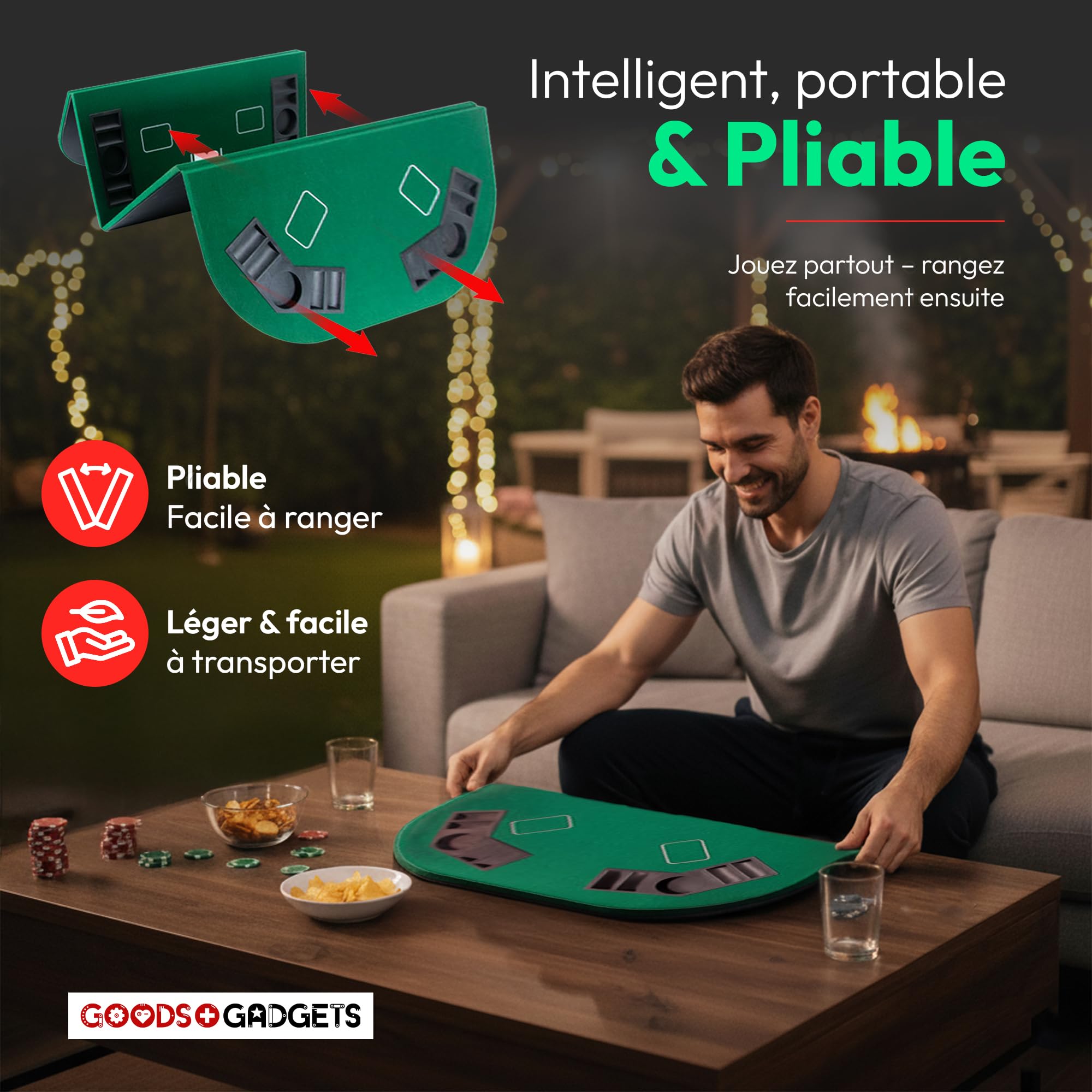 GOODS+GADGETS® Tapis de Poker XXL 160x80 cm Pliable - 8 Joueurs | Tapis de table poker en feutre haute qualité - porte-gobelets intégrés - Texas Hold'em - pliable 80x40 cm