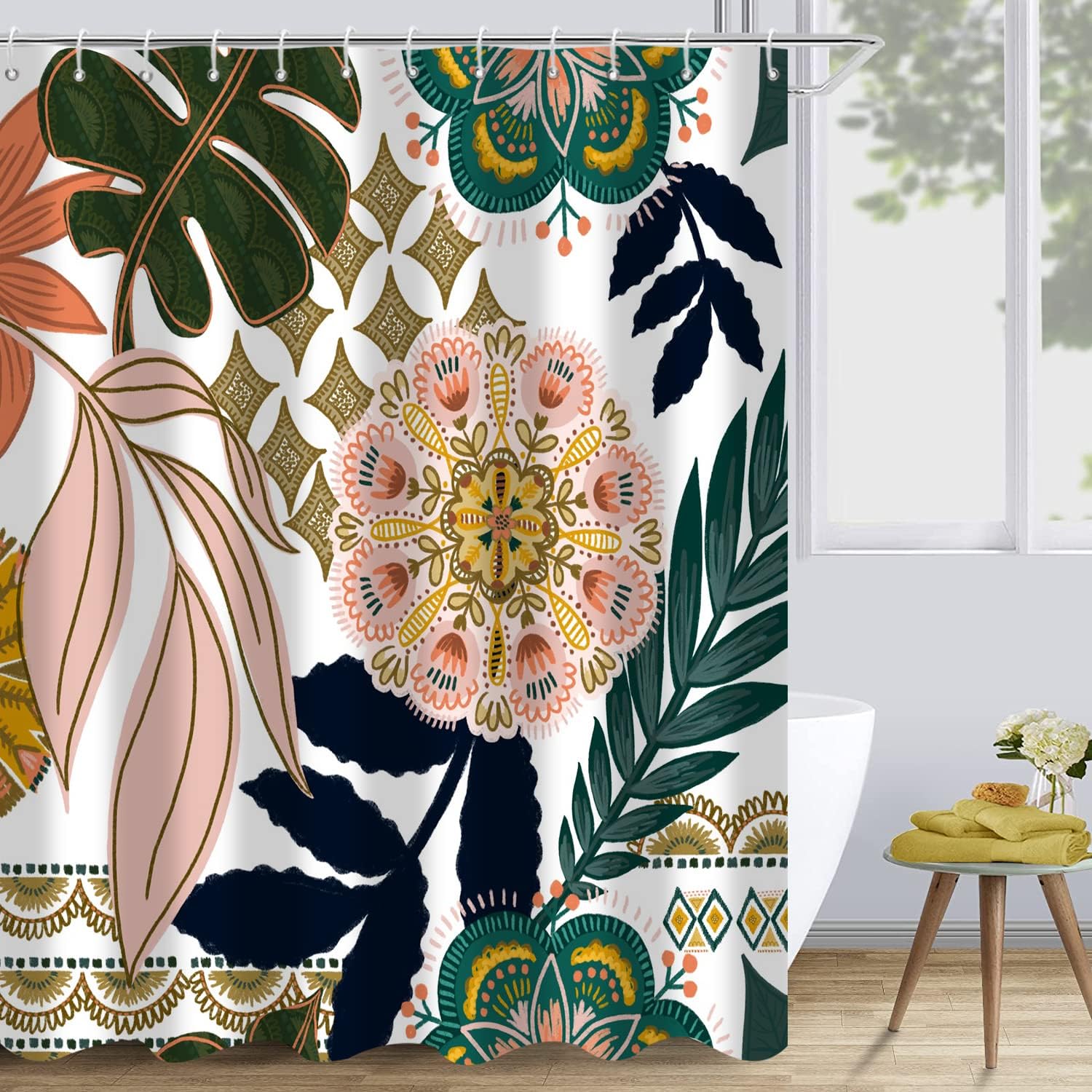 CRTPOD Boho Floral Shower Curtain Colorful Flower Bohemian Tropical Leaves Bath