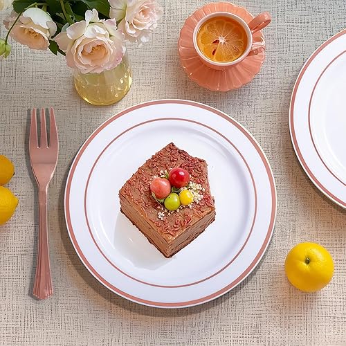 Miniatura 3 de WELLIFE - Vajilla de plástico en color oro rosa, 350 piezas, 50 platos desechables con cubiertos oro rosa, tazas de 10 onzas y 50 servilletas