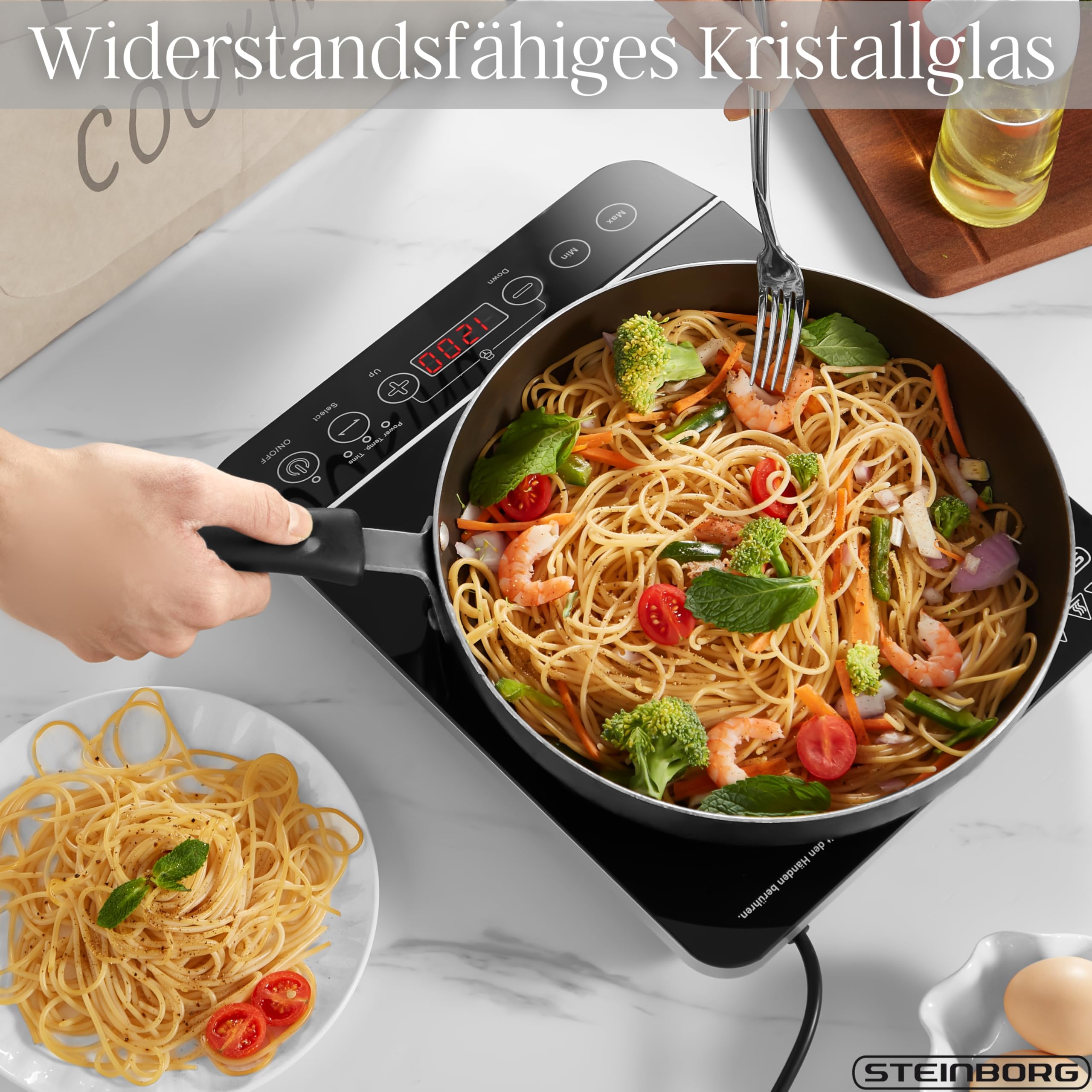 Steinborg® Induktionskochplatte Induktionskochfeld 1 Platte 2000 Watt Automatikprogramme Herdplatte Kochplatte Induktion Induktionsherd Touch Bedienfeld Kindersicherung Induktionsplatte