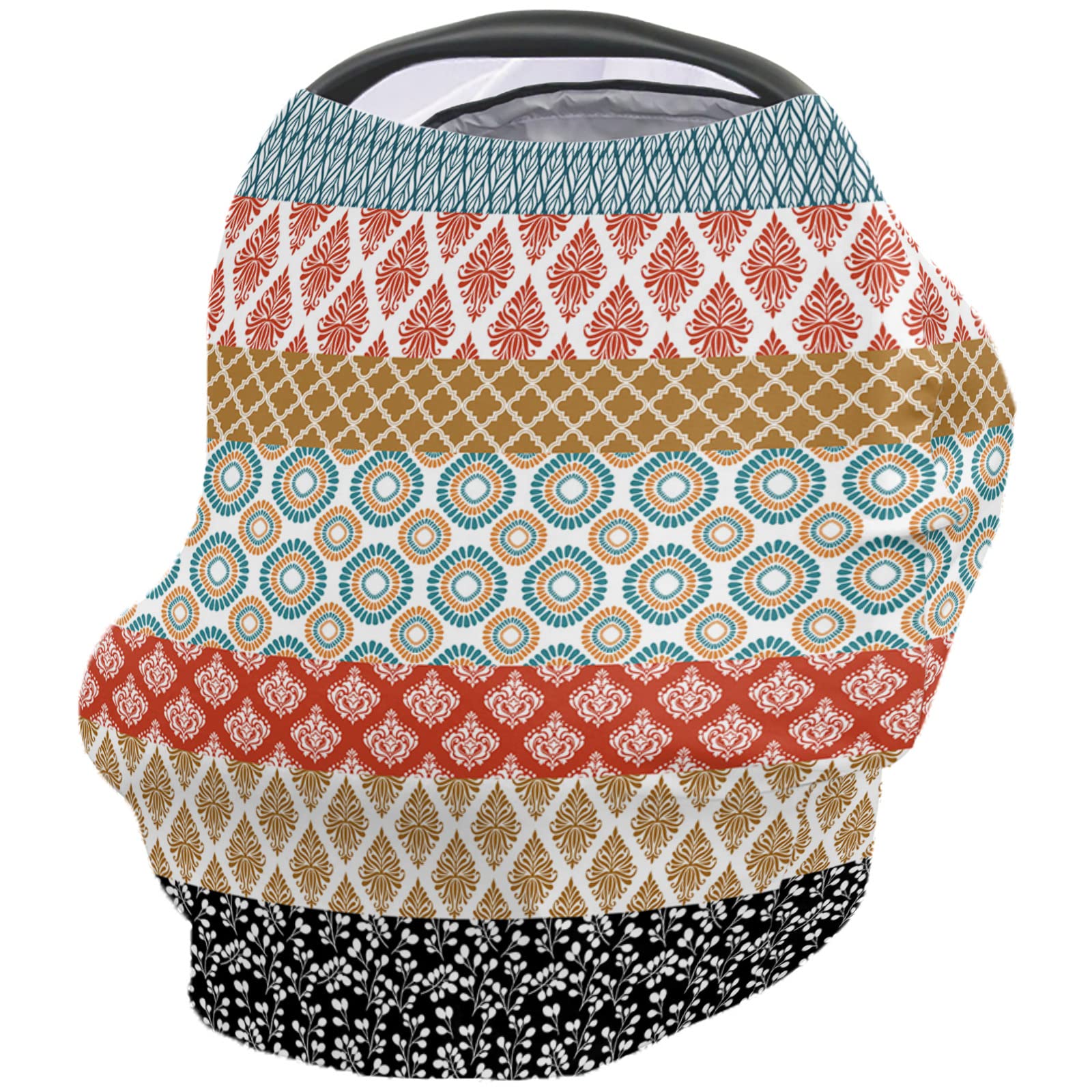 Nursing Cover for Breastfeeding Scarf, Bohemian Red Teal Turquoise Brown Geometric Stripe Baby Car Covers Super Soft Multi Use for Canopy Shopping Cart Cover Blanket Stroller Cover